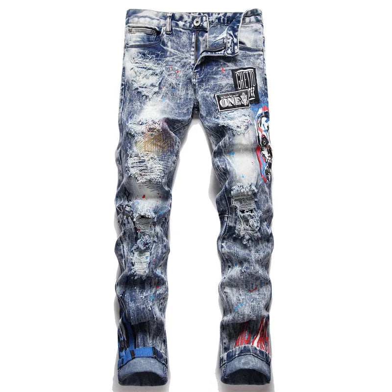 Men's jeans 3286 style Punk fried snow ripped applique fabric embroidery micro elastic small straight fit men's jeans