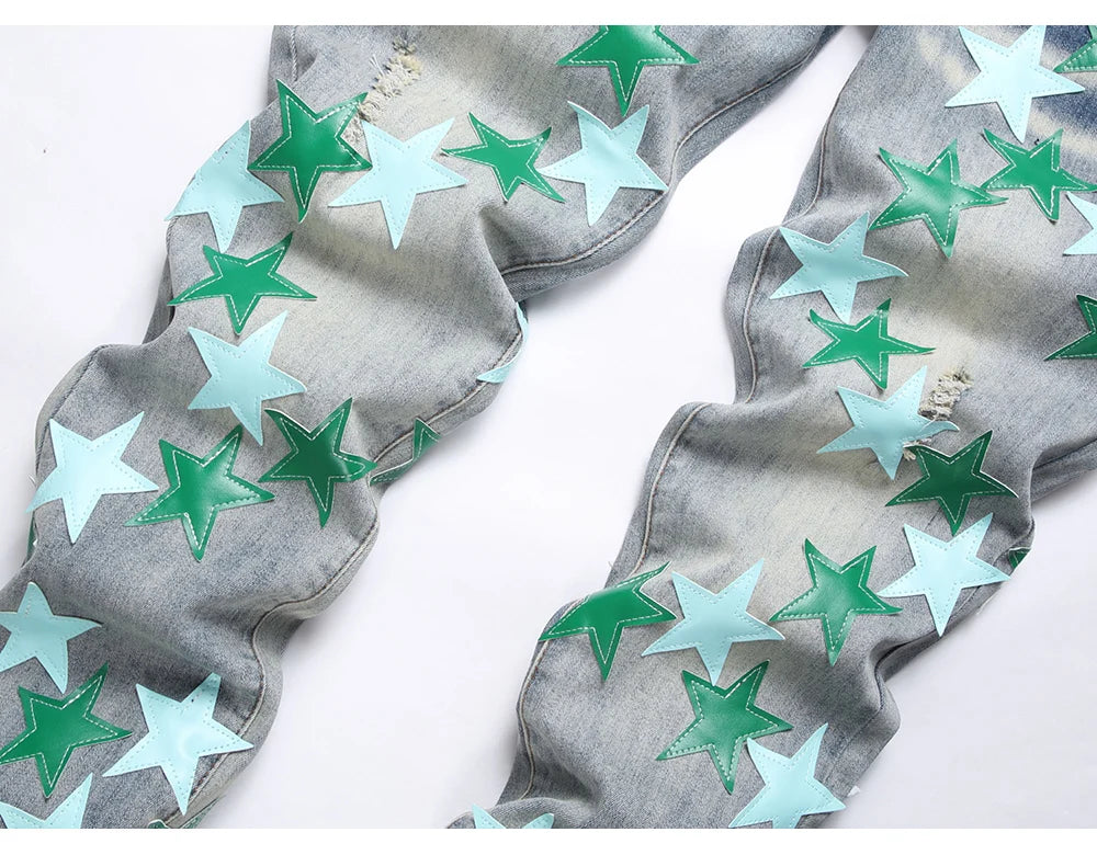 Men Leather Stars Patch Denim Jeans Streetwear Slim Tapered Pants Holes Ripped Distressed Stretch Cotton Trousers