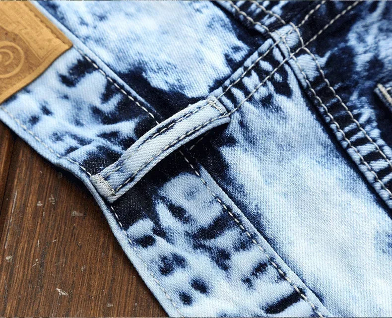 Men's Embroidered Patchwork Ripped Jeans (without Belt) Slim Fashion High Street Motorcycle Denim Pants Male Designer Clothes