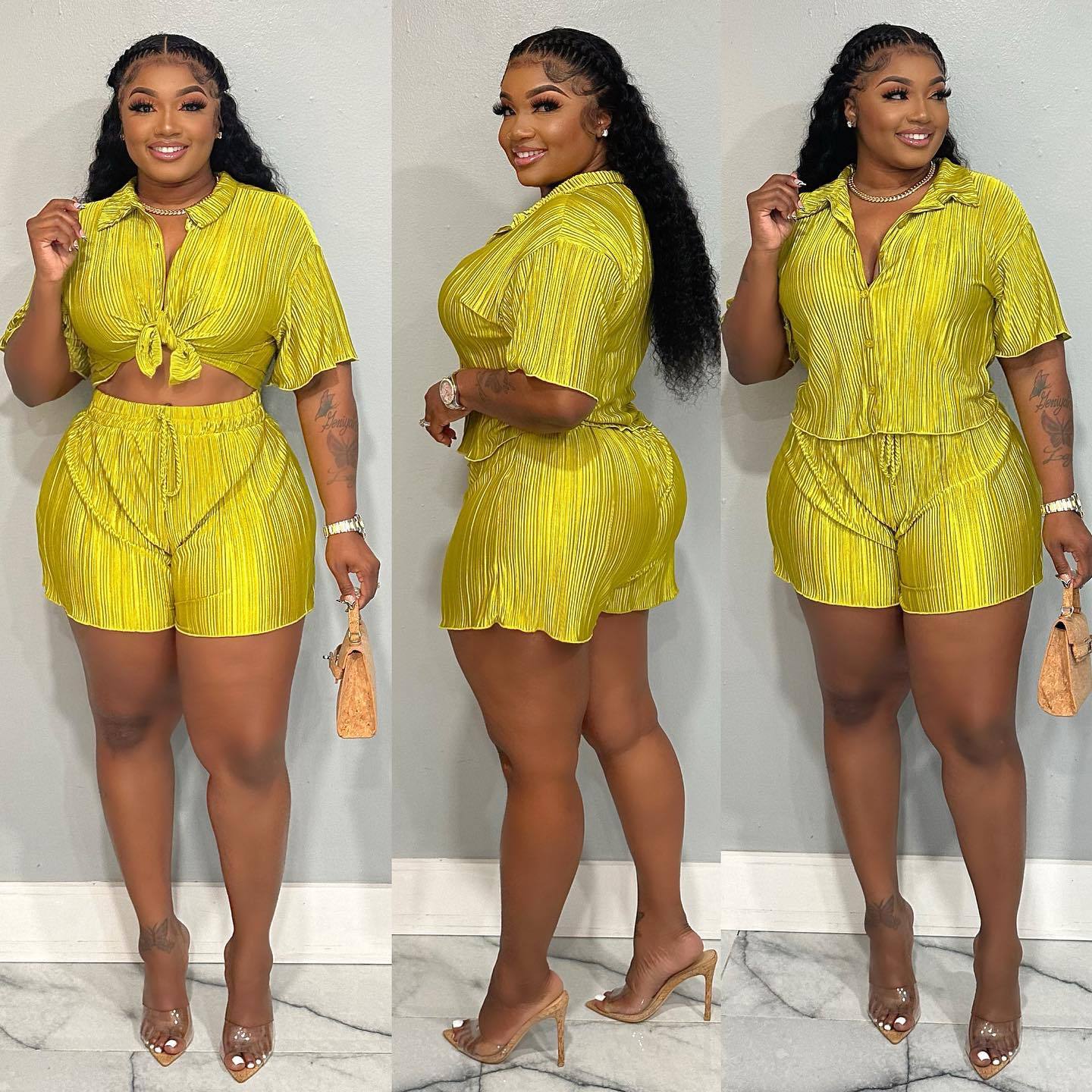 CM.YAYA Street Vintage Pleated Women's Set Short Sleeve Shirt Blouse and Shorts Suit 2023 INS Two 2 Piece Set Outfit Tracksuit