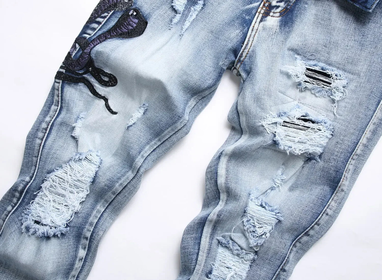 Blue Eyed Snake Embroidery Street Style Jeans For Teenagers Elastic Waist Cotton Material Casual Scene Suitable
