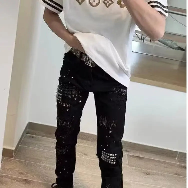Ele Bla Embroidered Men's Jeans Spring Autumn Faion Brand High Elastici Sli Rivet Painted Slim Fit Casual Jeans
