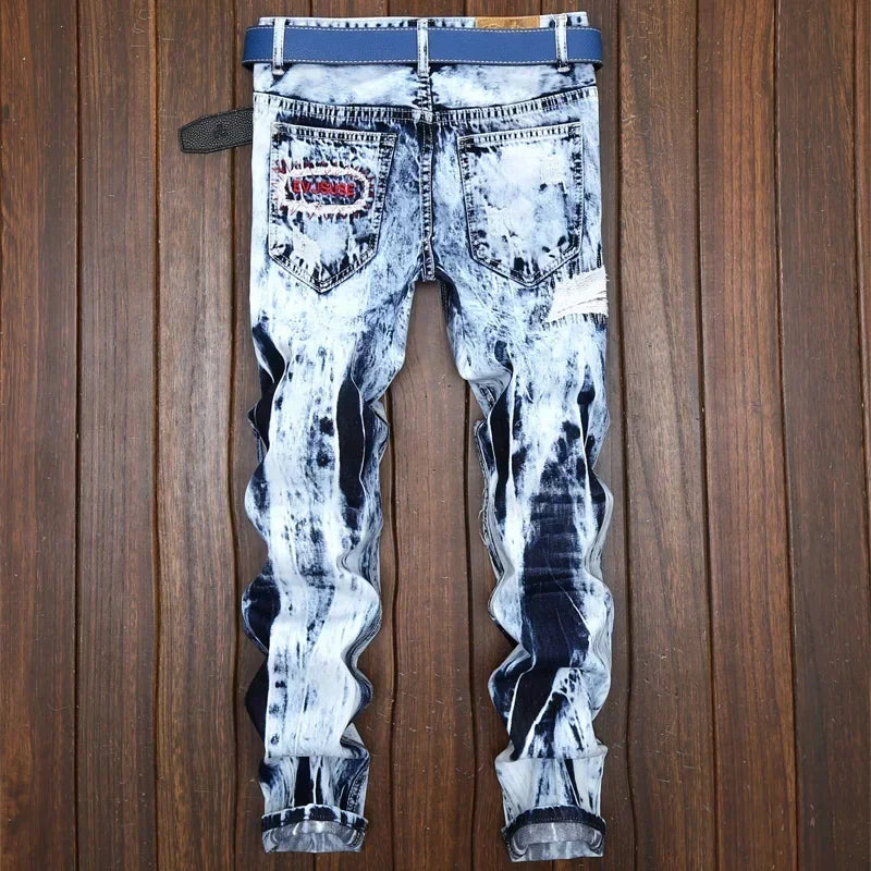 Men's Embroidered Patchwork Ripped Jeans (without Belt) Slim Fashion High Street Motorcycle Denim Pants Male Designer Clothes