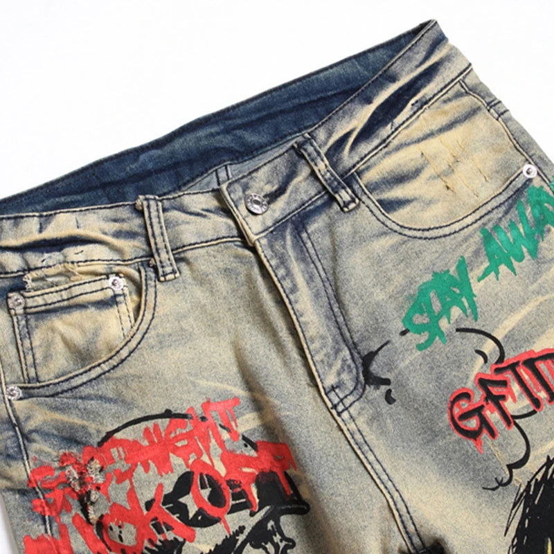 2024 new Men's jeans 3373 Vintage blue jeans ripped trend stretch slim skull pants all men's pants