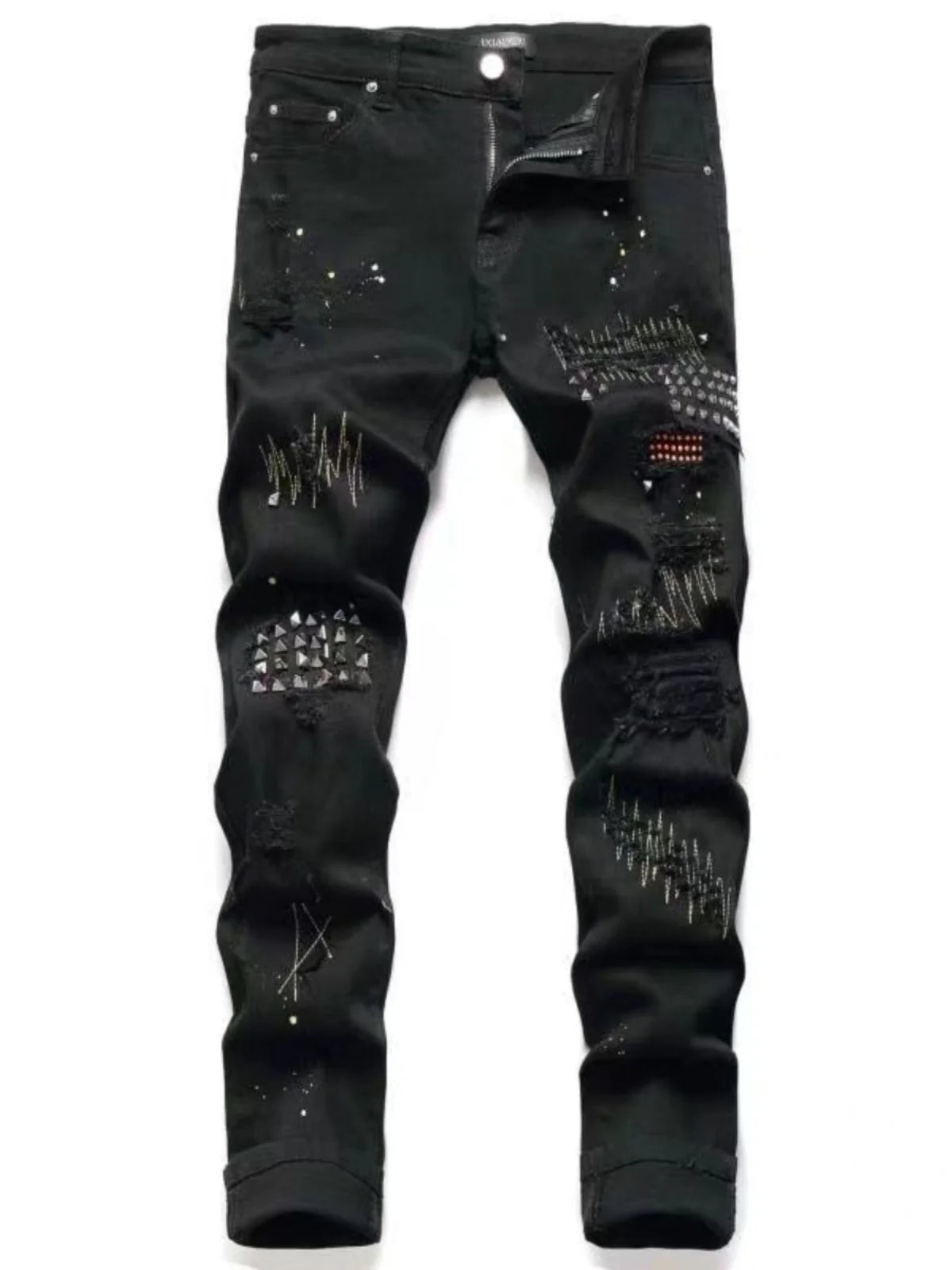 Ele Bla Embroidered Men's Jeans Spring Autumn Faion Brand High Elastici Sli Rivet Painted Slim Fit Casual Jeans