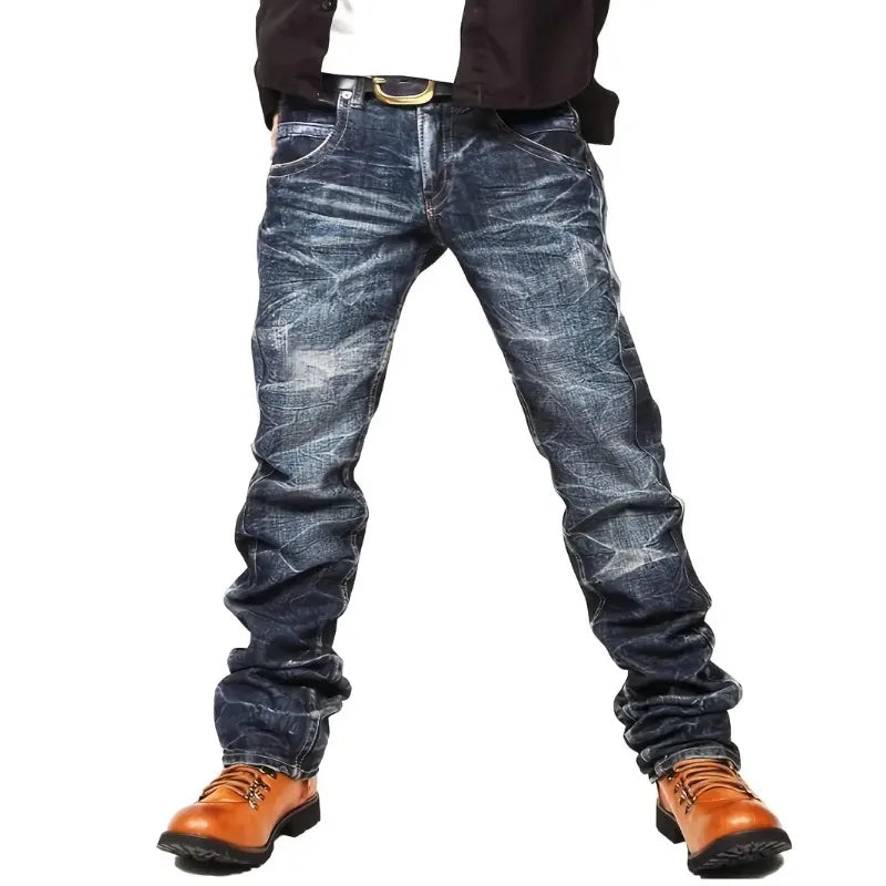 Men's Denning Jeans - Washing Blue Stack Denims Tears Streetwear for Man Clothes Classic Man Pants Rhinestones Baggy Clothing