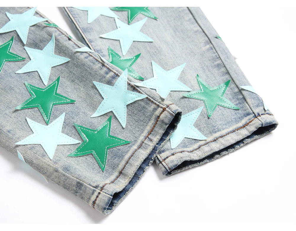 Men Leather Stars Patch Denim Jeans Streetwear Slim Tapered Pants Holes Ripped Distressed Stretch Cotton Trousers