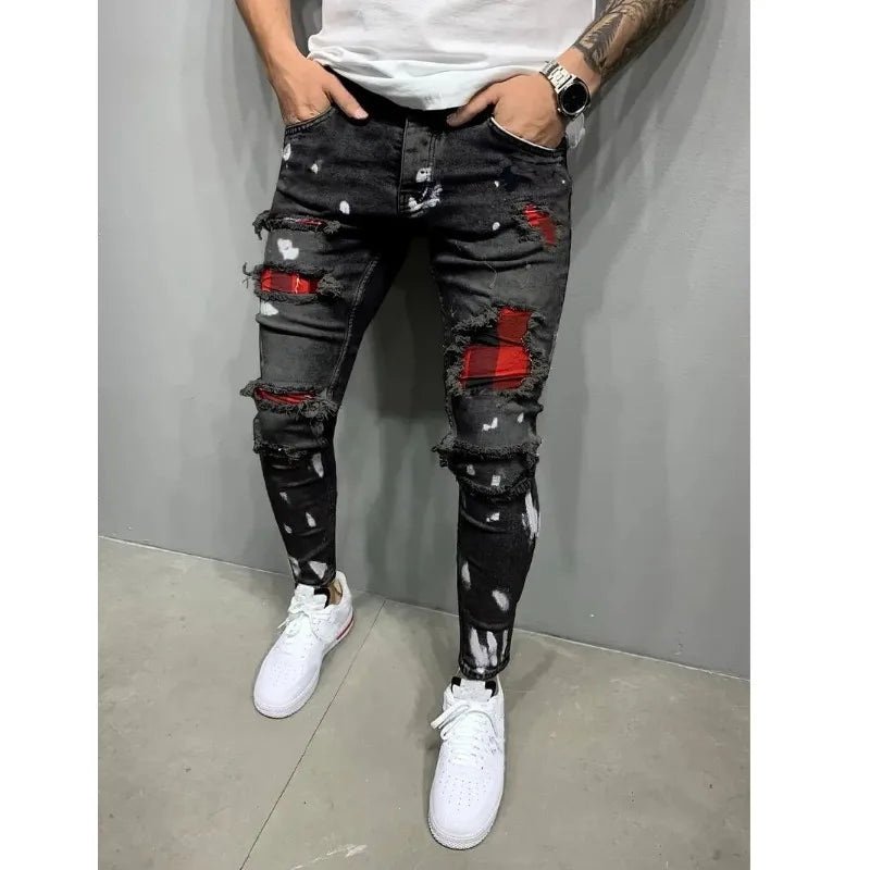 Men's Slim Black Jeans Classic Man Pants Streetwear for Man Clothes Rhinestones Denims Tears Baggy Clothing Mens Thin Jeans(New)