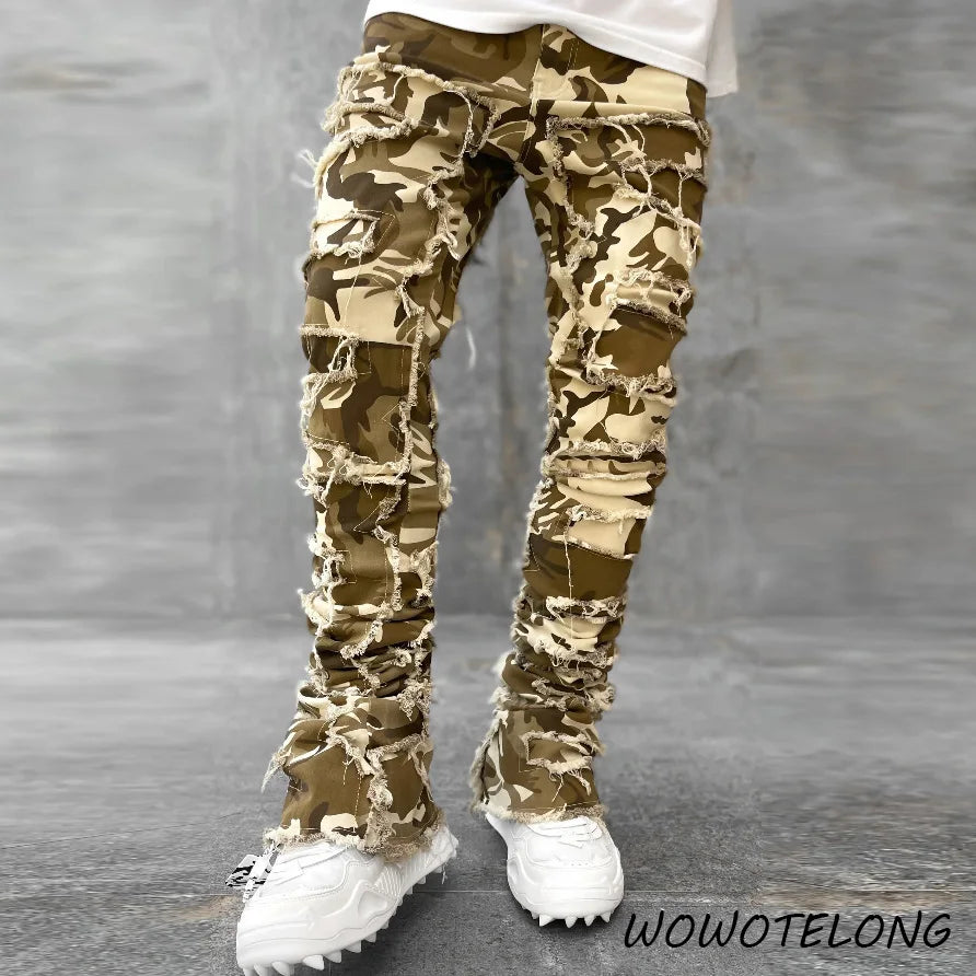 High Street White Men's Stacked Jeans Stretched Patchwork Tassel Damaged Denim Full Length Pants Hip-pop Trousers For Male 