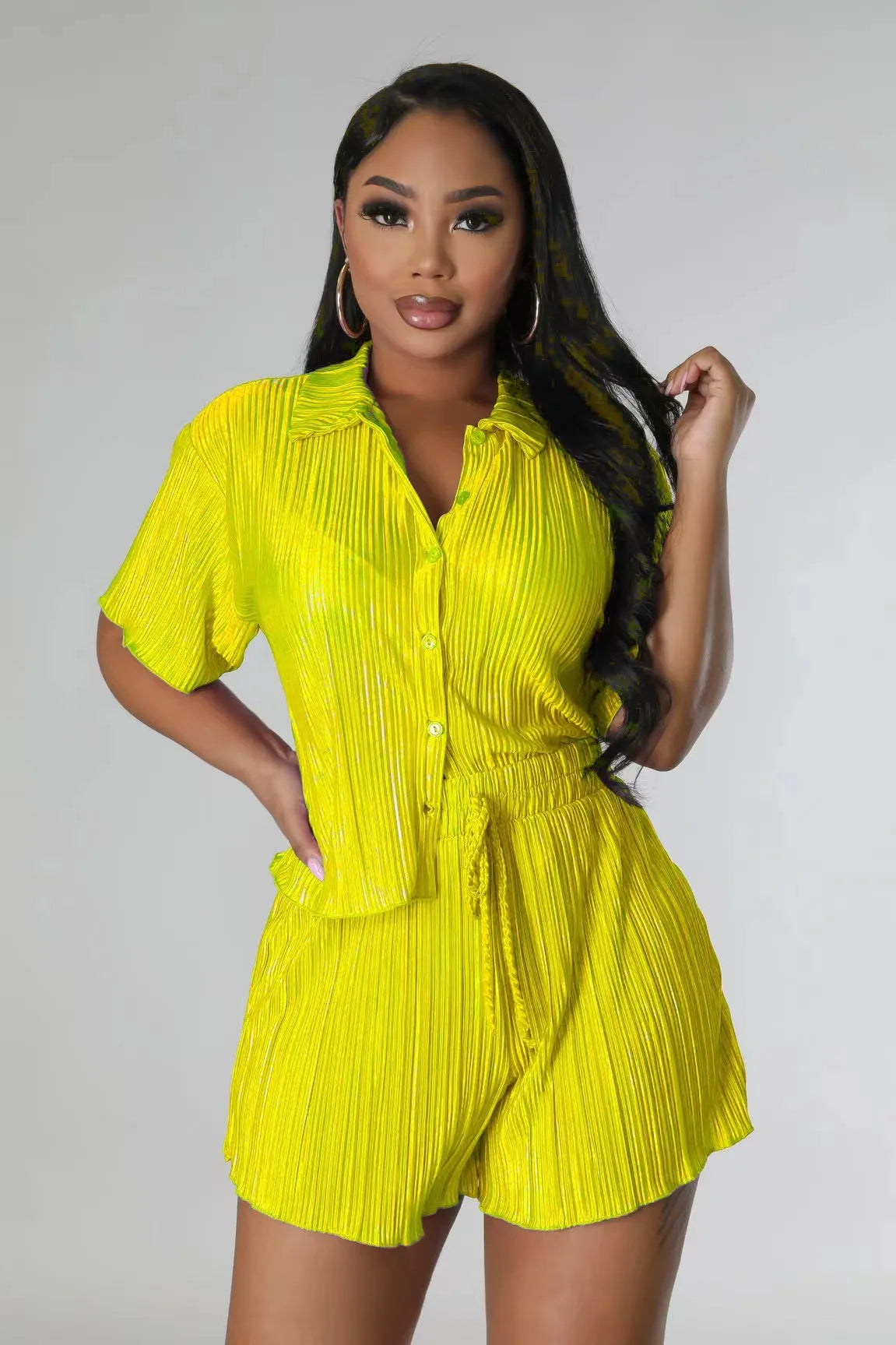 CM.YAYA Street Vintage Pleated Women's Set Short Sleeve Shirt Blouse and Shorts Suit 2023 INS Two 2 Piece Set Outfit Tracksuit