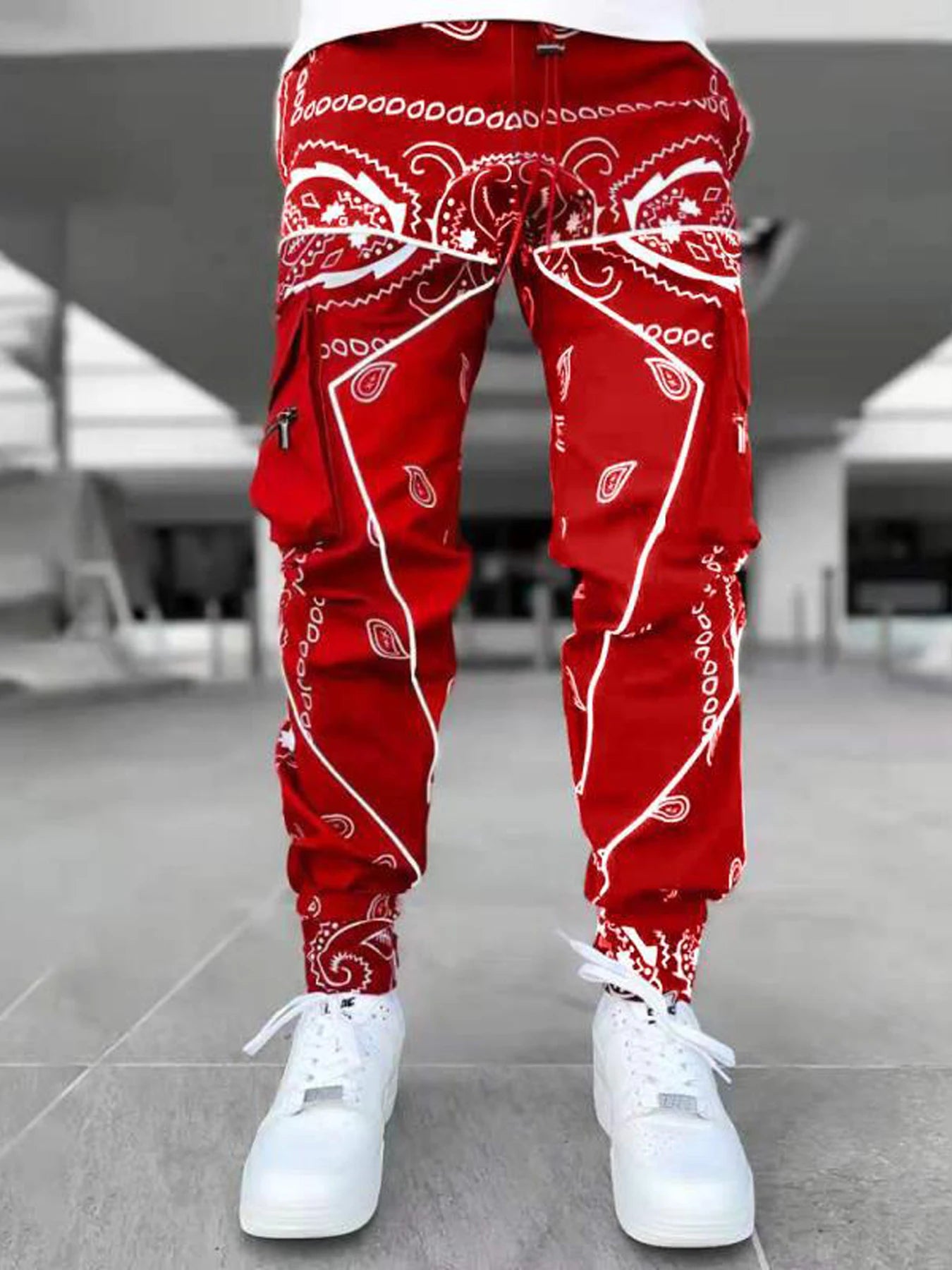 Men's Stylish Paisley Joggers with Multiple Pockets - Comfortable Fit for Sports and Casual Wear Street personality