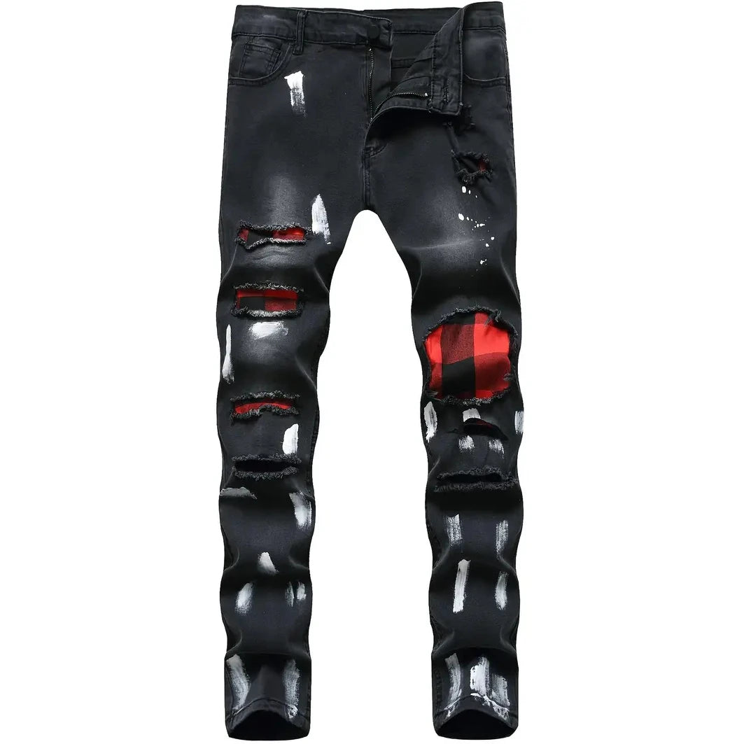 Men's Slim Black Jeans Classic Man Pants Streetwear for Man Clothes Rhinestones Denims Tears Baggy Clothing Mens Thin Jeans(New)