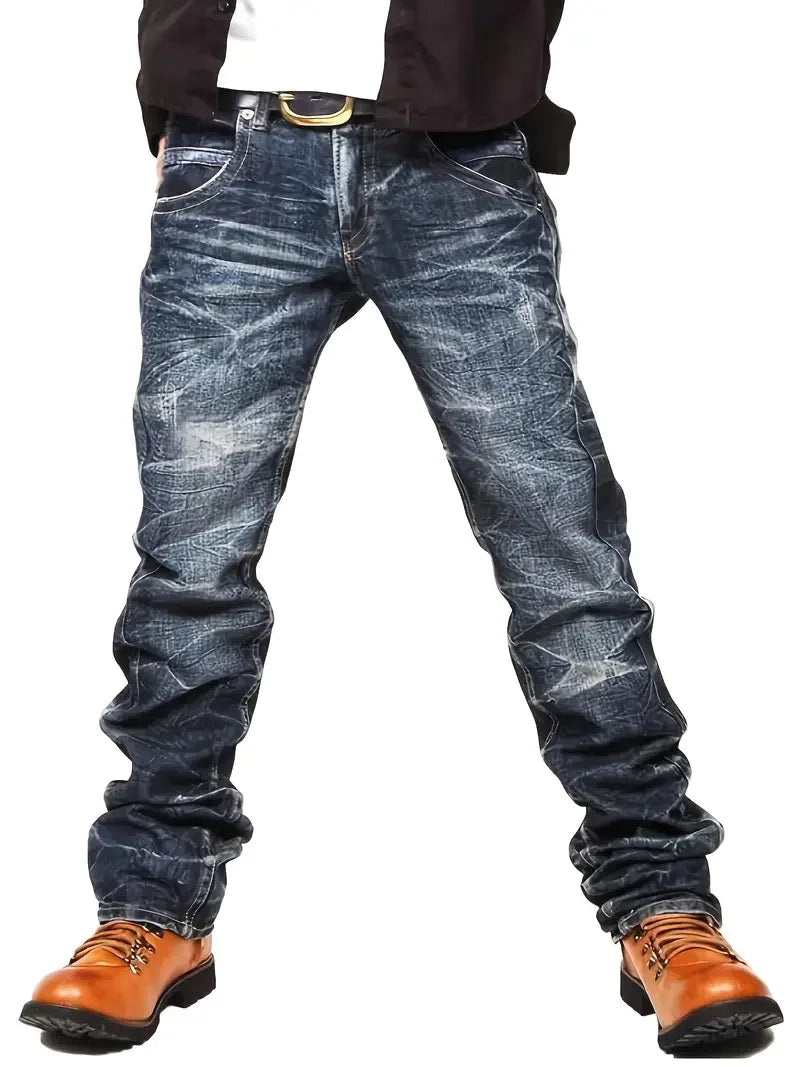Men's Denning Jeans - Washing Blue Stack Denims Tears Streetwear for Man Clothes Classic Man Pants Rhinestones Baggy Clothing