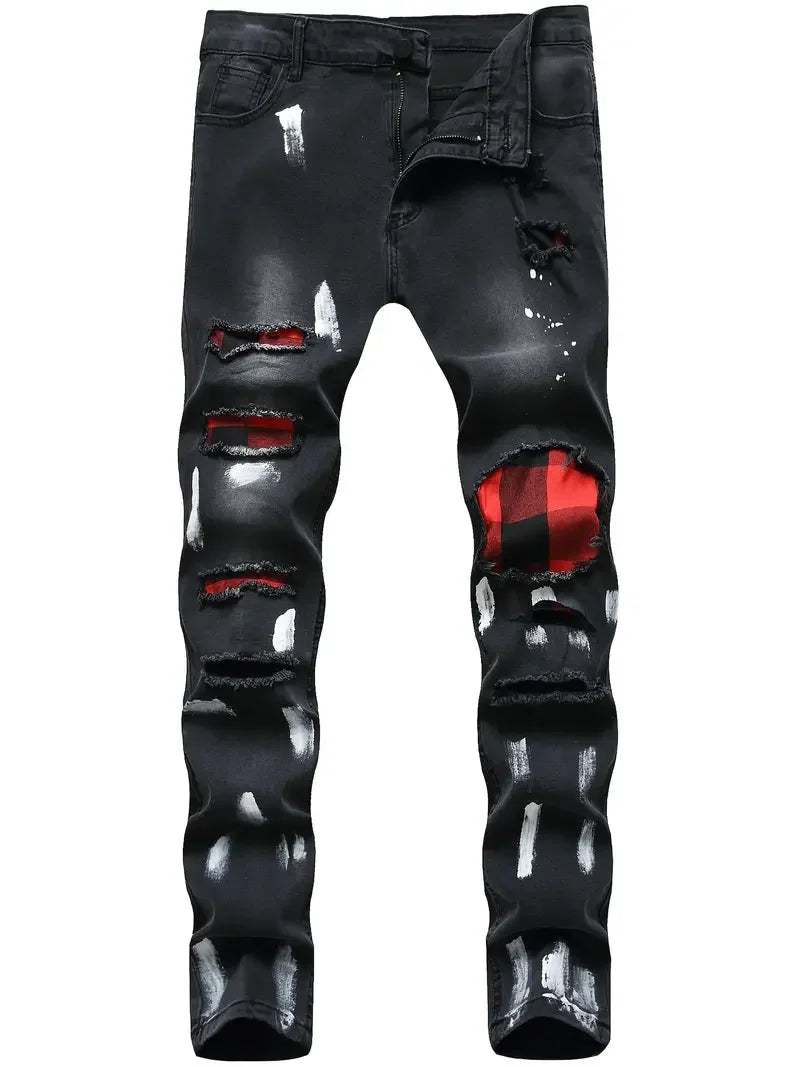 Men's Slim Black Jeans Classic Man Pants Streetwear for Man Clothes Rhinestones Denims Tears Baggy Clothing Mens Thin Jeans(New)