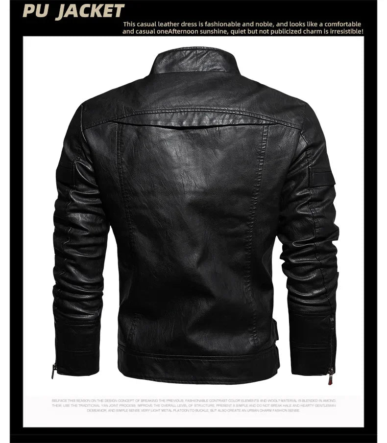 New Winter Mens Leather Jacket High Quality Standing Collar Warm Wool Lining Motorcycle Coat Male Slim Fit Retro Casual Jackets