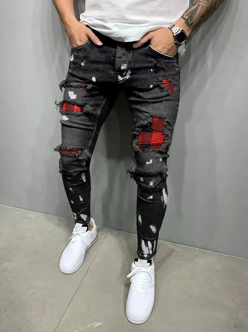 Men's Slim Black Jeans Classic Man Pants Streetwear for Man Clothes Rhinestones Denims Tears Baggy Clothing Mens Thin Jeans(New)