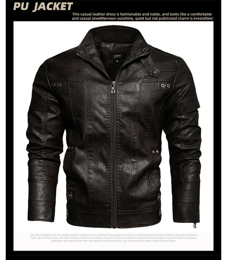 New Winter Mens Leather Jacket High Quality Standing Collar Warm Wool Lining Motorcycle Coat Male Slim Fit Retro Casual Jackets