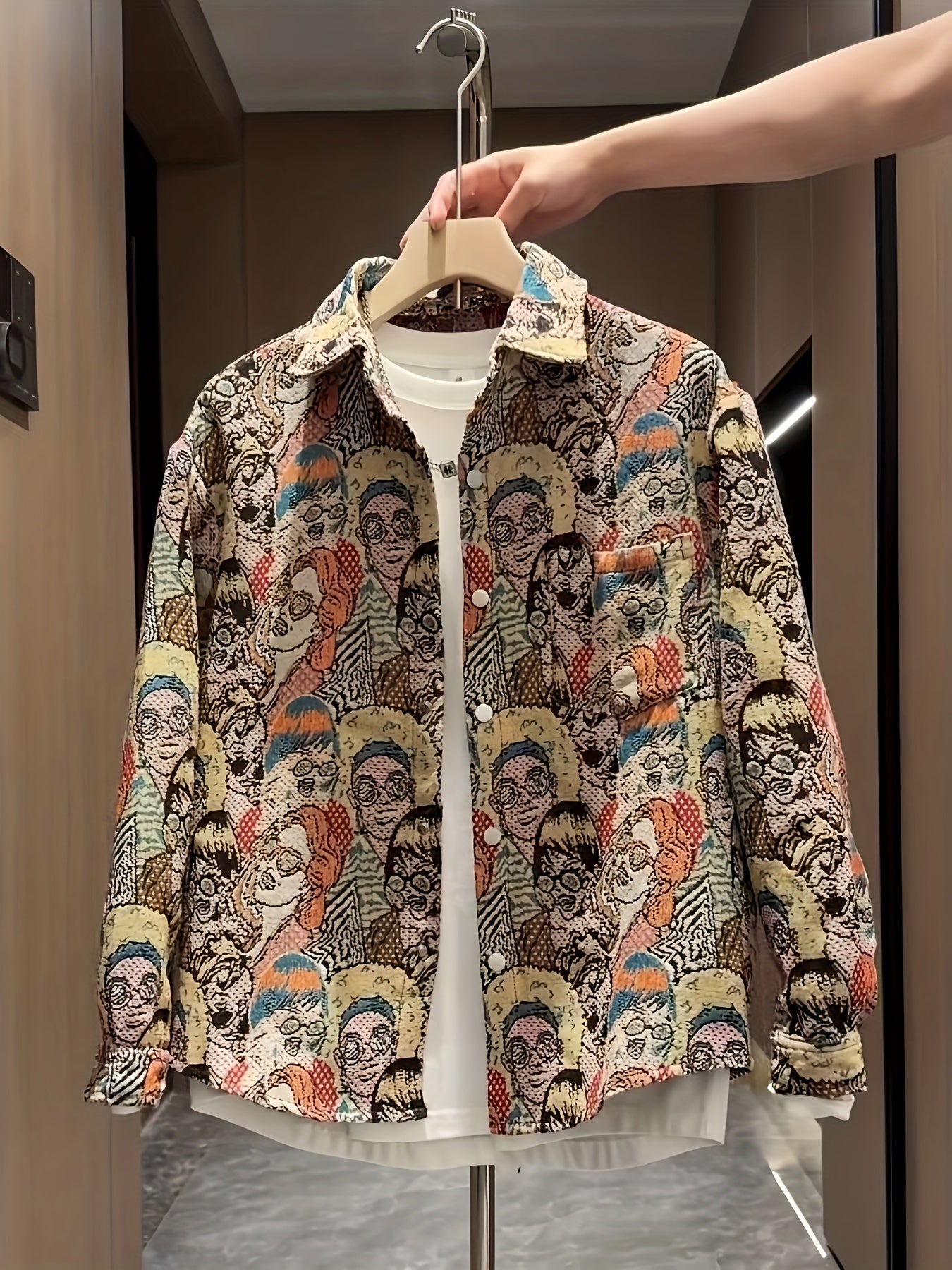 Men'S Fashionable Cartoon-Embroidered Long-Sleeve Shirt - Slim Fit, Button-Up, Lightweight & Breathable for All Seasons, Perfect for Outdoor Leisure Street Style Hip Hop, Casual Wear|Cartoon Pattern Shirt|Slim Fit Shirt