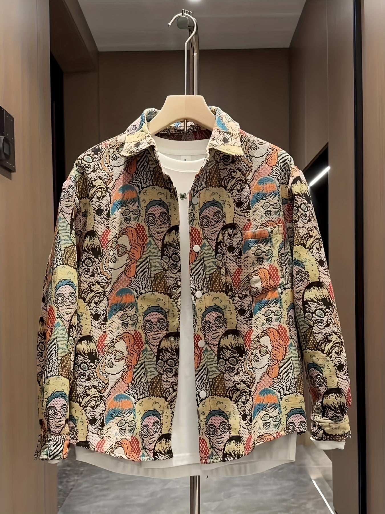 Men'S Fashionable Cartoon-Embroidered Long-Sleeve Shirt - Slim Fit, Button-Up, Lightweight & Breathable for All Seasons, Perfect for Outdoor Leisure Street Style Hip Hop, Casual Wear|Cartoon Pattern Shirt|Slim Fit Shirt