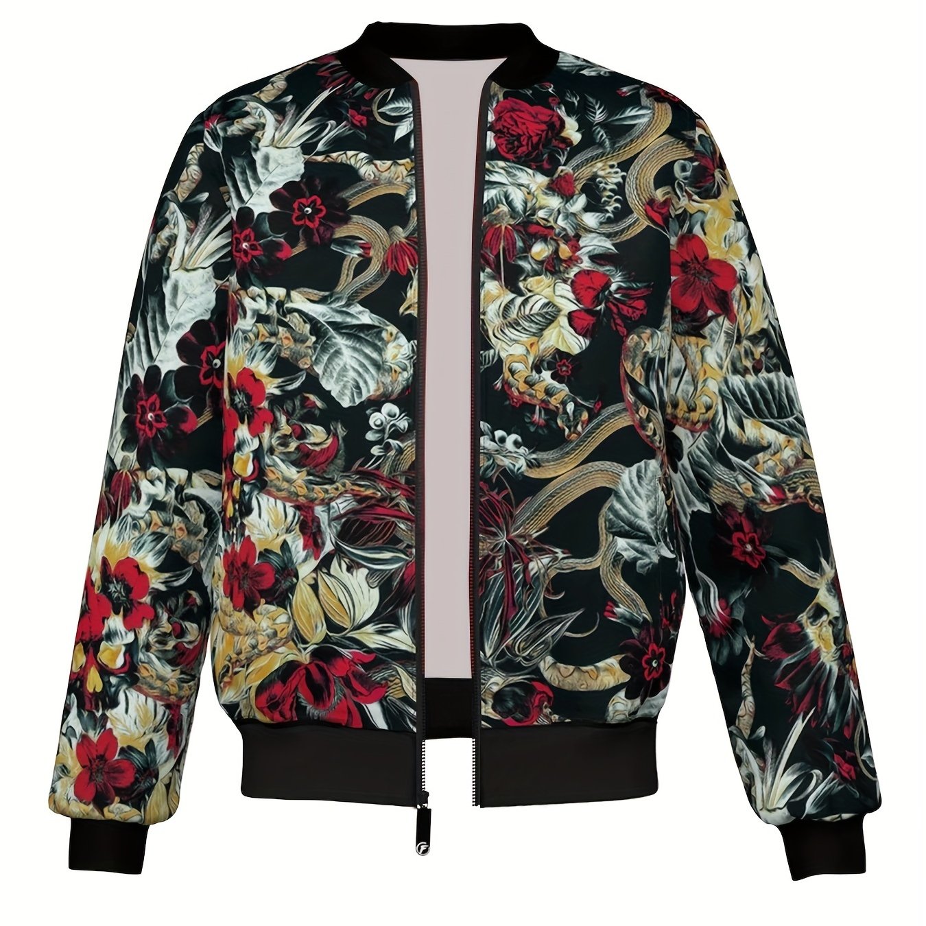 Long Sleeve Retro Style Men's Spring And Autumn Fashion Stand Collar Zip Up Sports Jacket With Flower And Leaf Pattern, Suitable For Street And Daily Wear