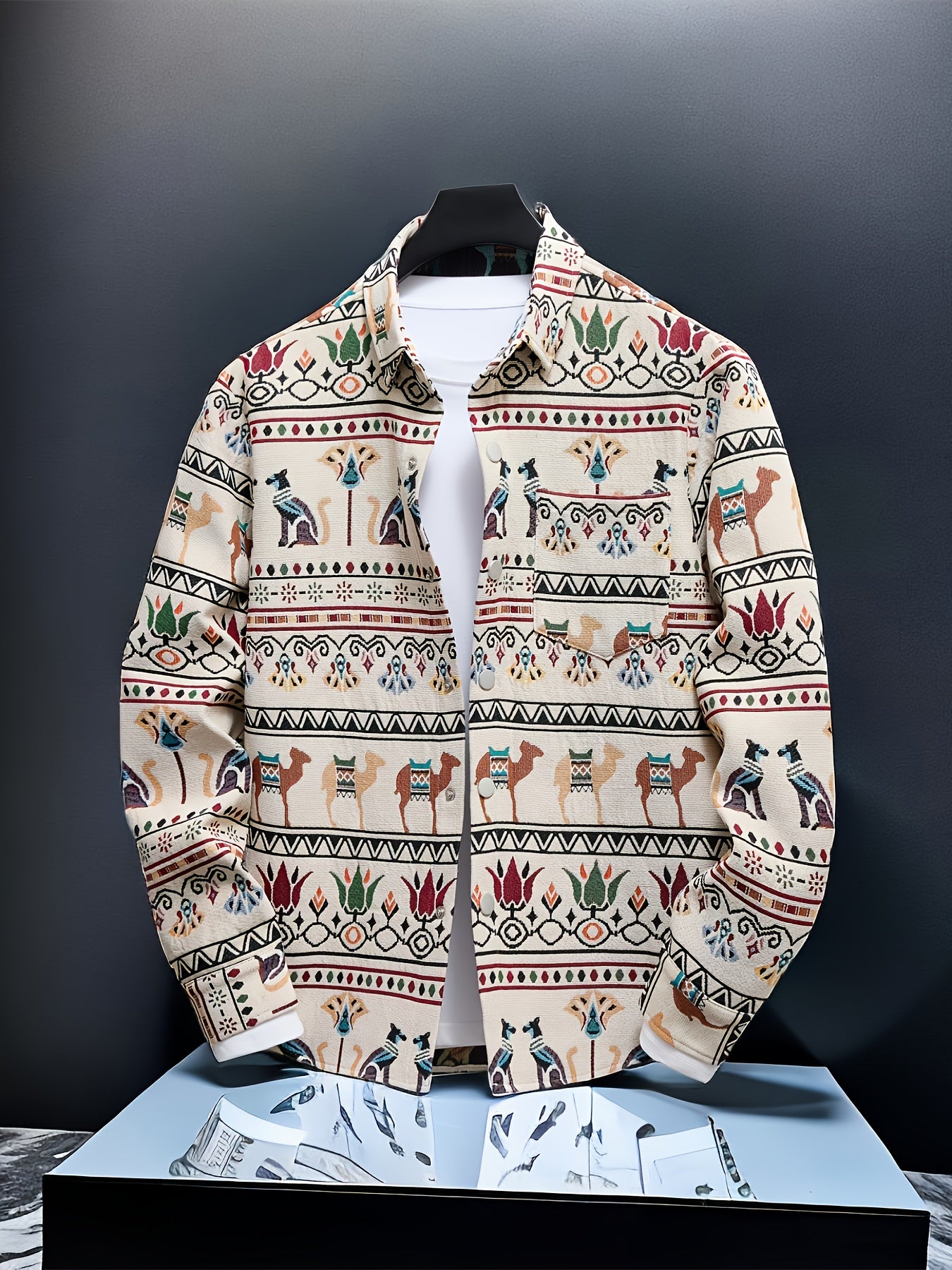 Men'S Stylish Egyptian Pharaoh Cat Embroidered Long Sleeve Shirt - Slim Fit, Beige with Colorful Geometric Patterns, Casual Button-Up for All Seasons, Perfect Gift Idea, Cat Shirt