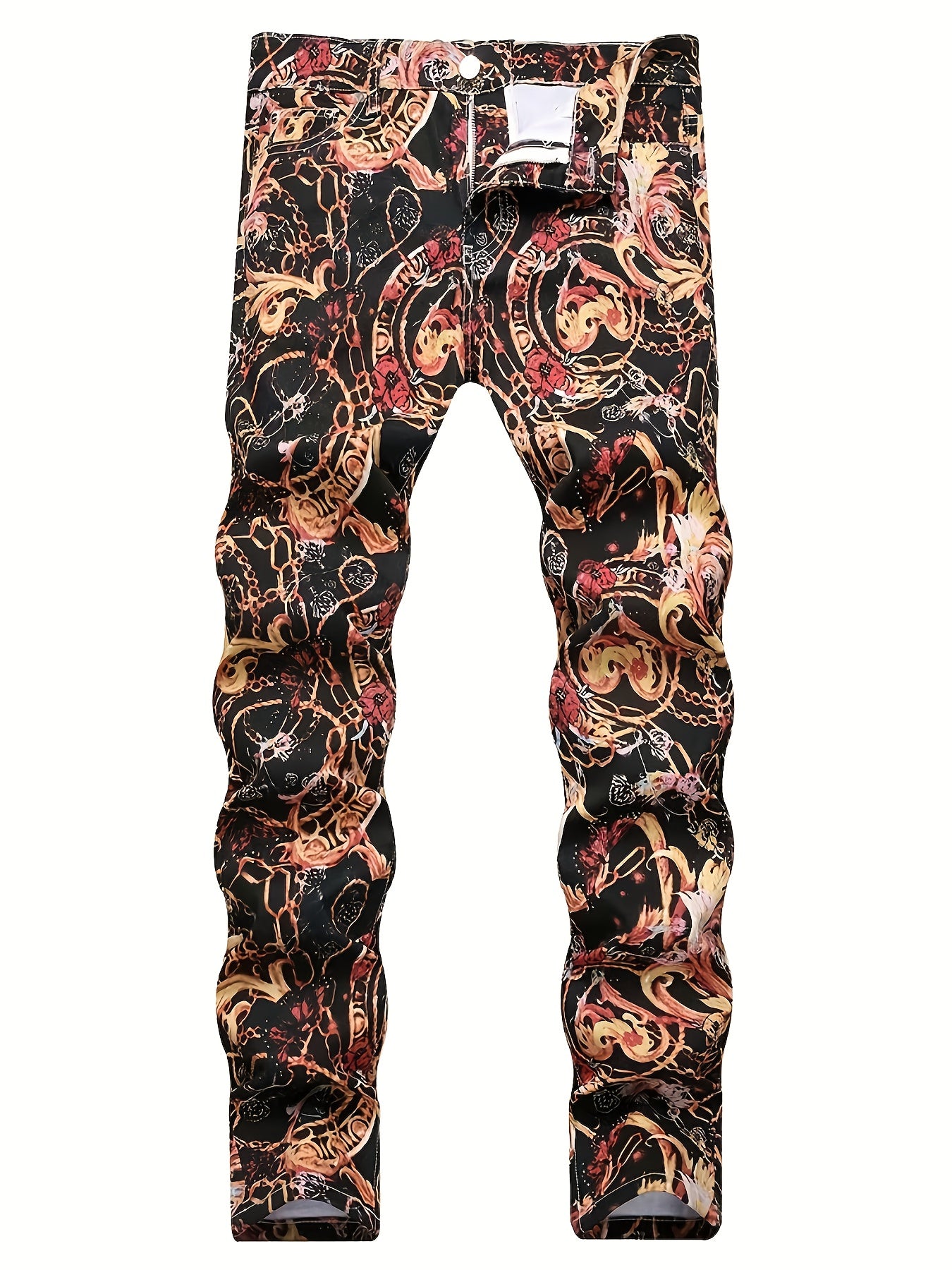 Men's Slim-Fit All-Season European & American Floral Print Jeans - Tight-Leg Denim with Red/Black/Golden Petal Design, Machine Washable Streetwear for Casual & Semi-Formal Outfits (Dark Background)