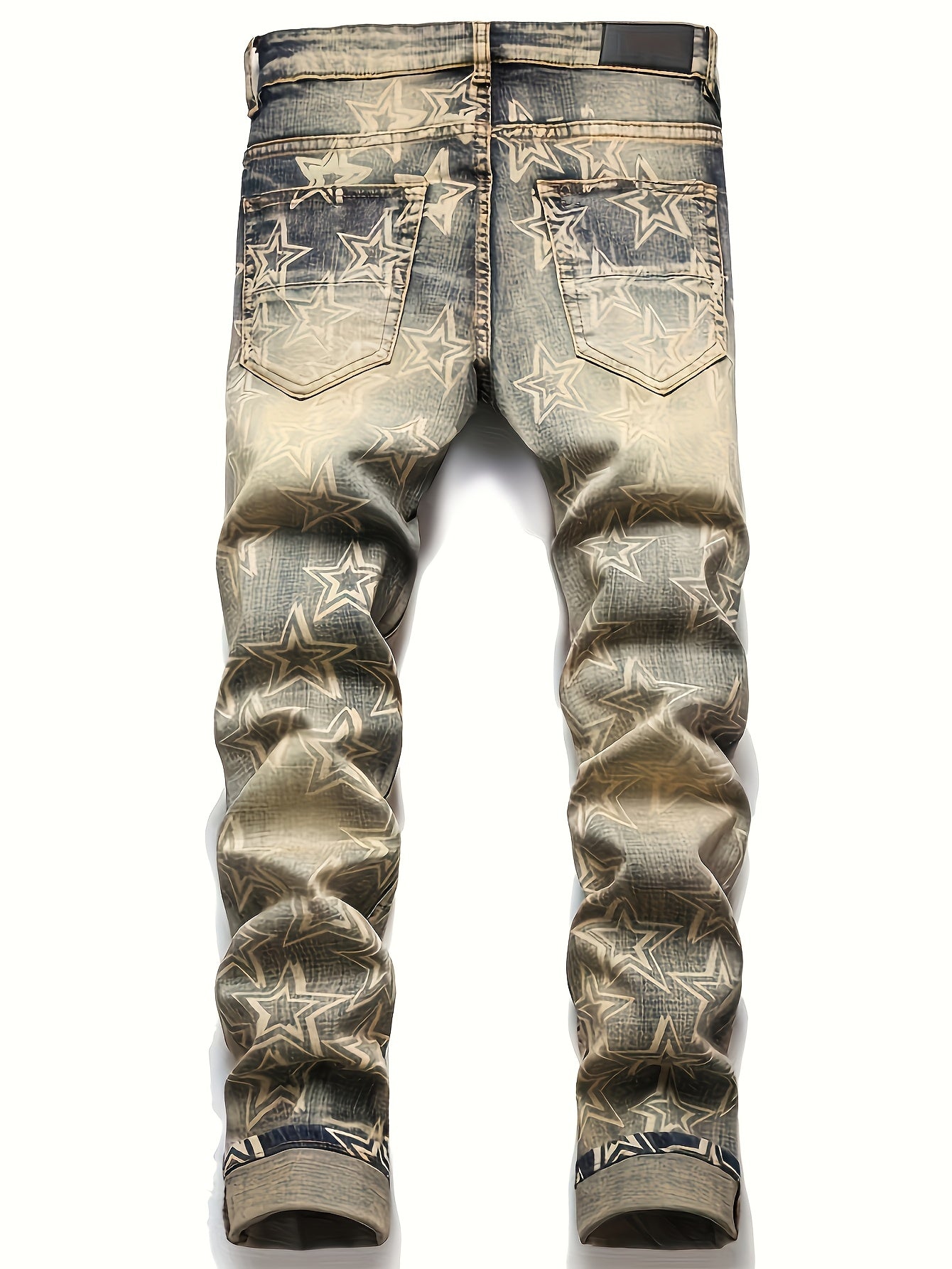 Men's Retro Star Print Stretch Slim-Fit Jeans - Vintage Ripped Denim with Distressed Details, Comfortable Straight Leg Casual Pants for Casual Attire