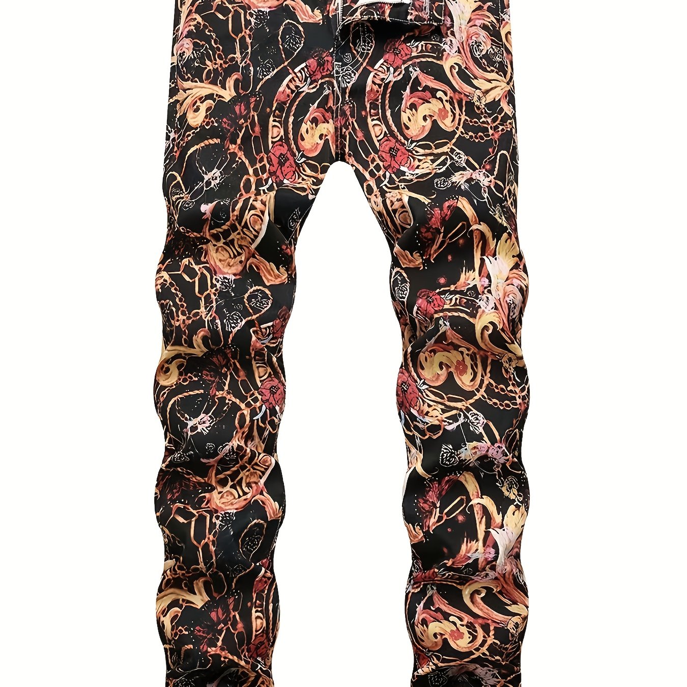 Men's Slim-Fit All-Season European & American Floral Print Jeans - Tight-Leg Denim with Red/Black/Golden Petal Design, Machine Washable Streetwear for Casual & Semi-Formal Outfits (Dark Background)