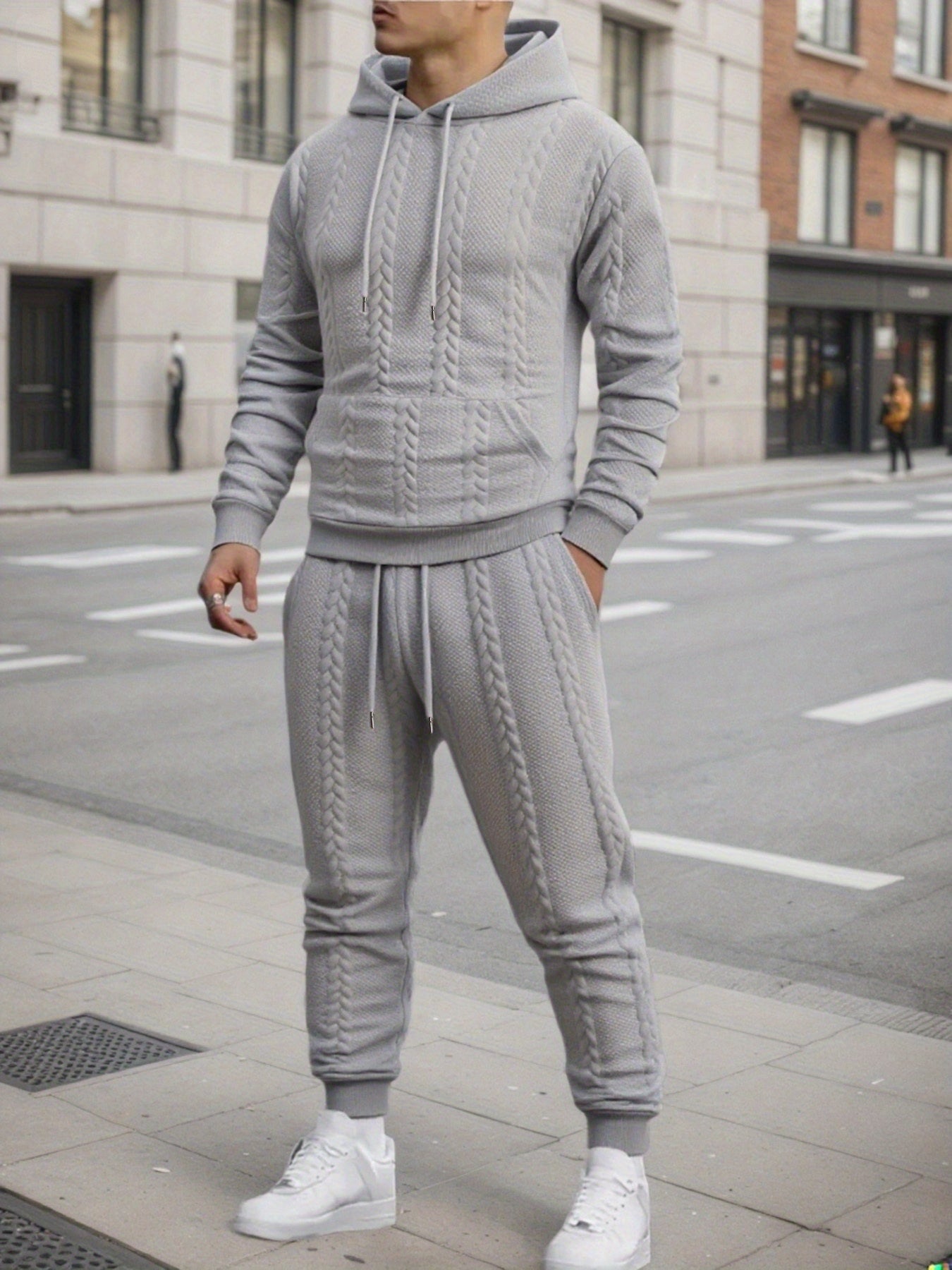 Men'S Autumn and Winter Casual Knit Sweater with Pockets Hoodie and Joggers Set, Fashionable 2pcs Outfit for Daily Wear, Hiking, Fitness, Travel, Outdoor Sports