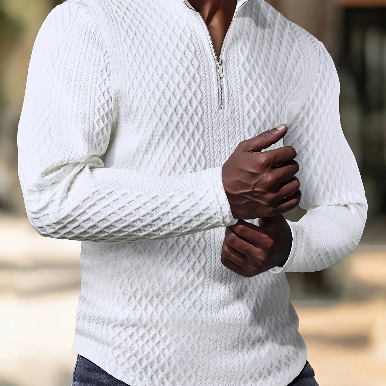 Men's White Full-Zip Henley Collar Long Sleeve Sweater Jacket - Solid Color Winter Warmth, Zippered Front Closure, Machine Washable Casual & Formal Outerwear for Fall/Winter, Versatile Everyday & Special Occasion Coat