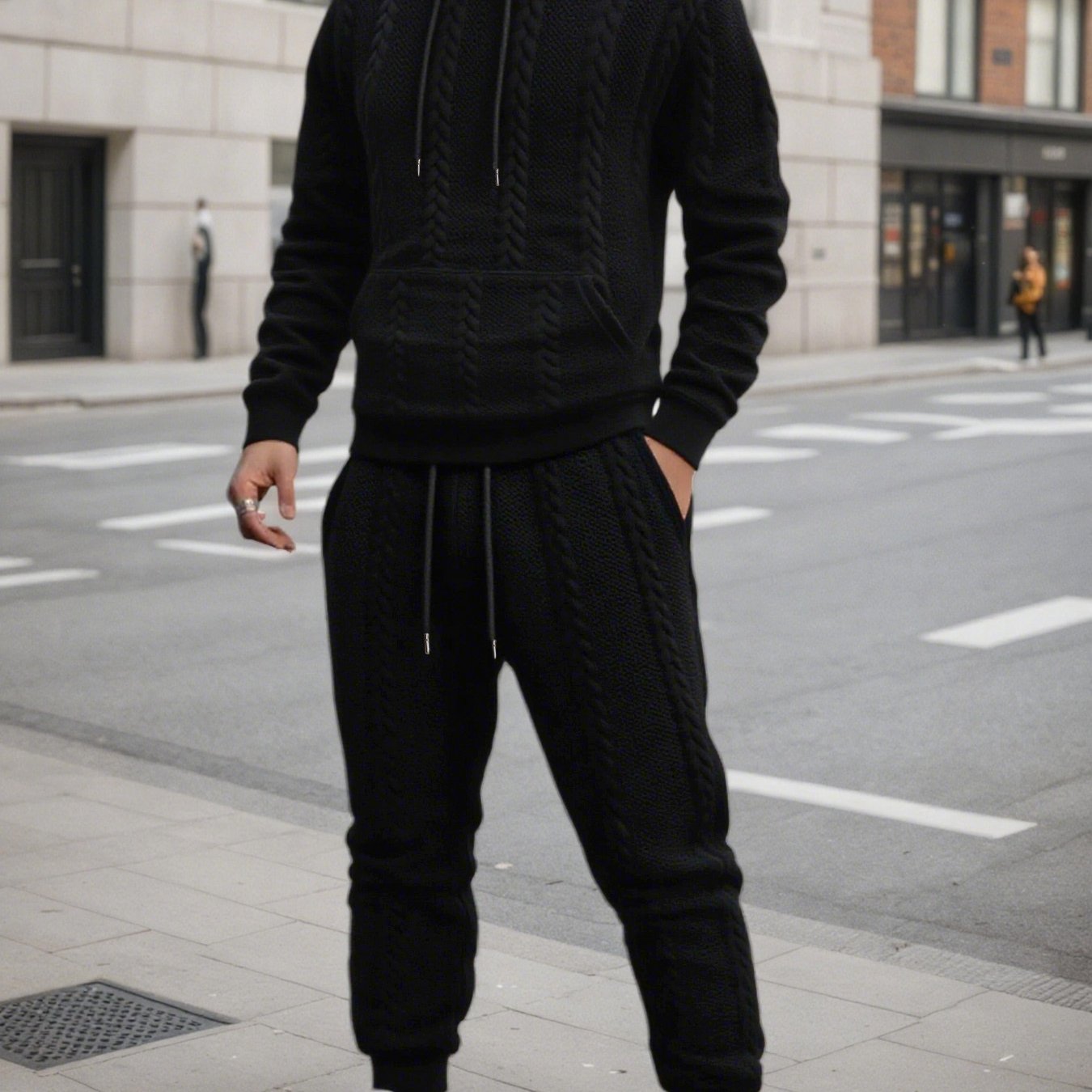 Men'S Autumn and Winter Casual Knit Sweater with Pockets Hoodie and Joggers Set, Fashionable 2pcs Outfit for Daily Wear, Hiking, Fitness, Travel, Outdoor Sports