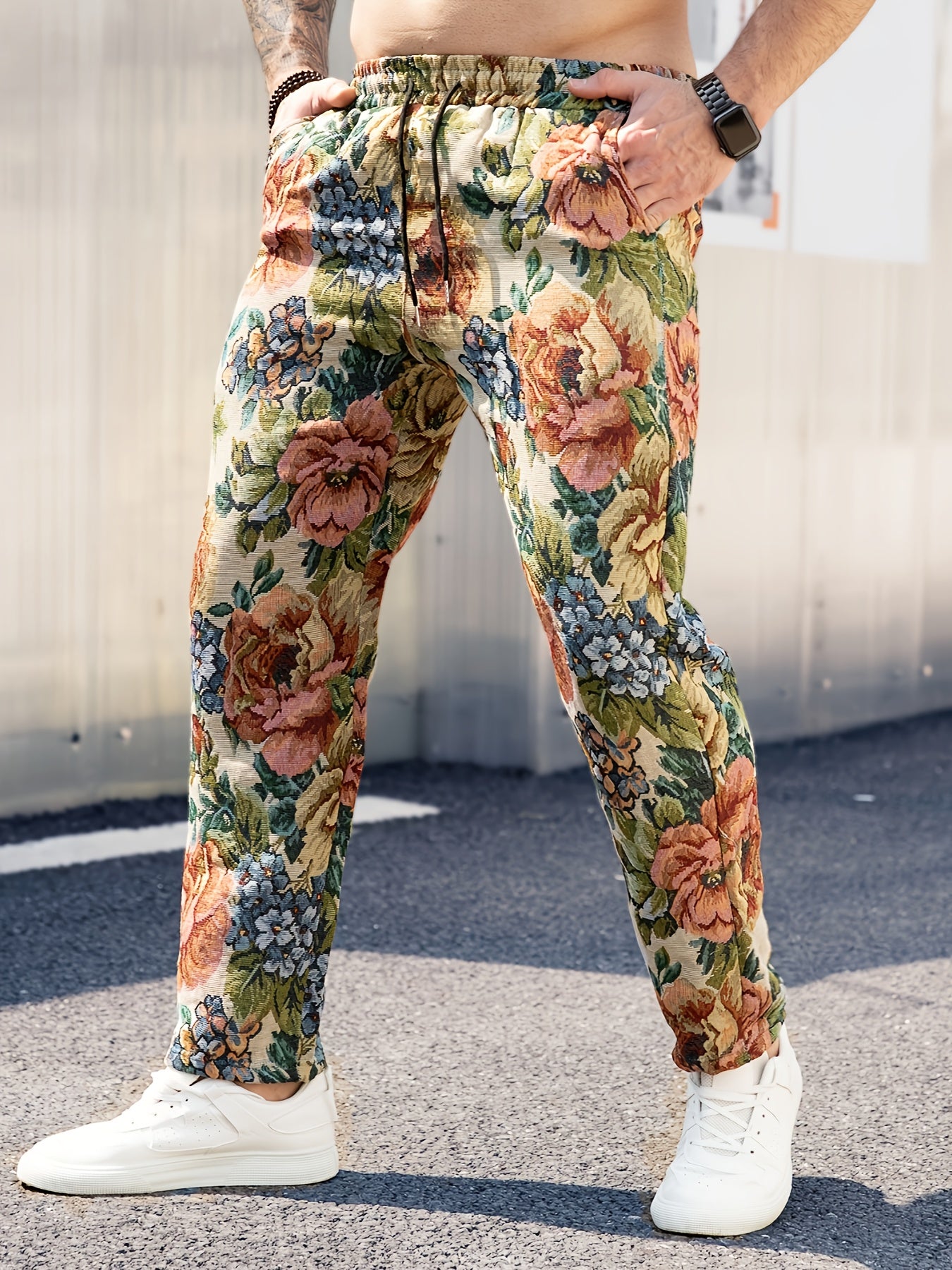 Men's Retro Floral Jacquard Straight-Leg Pants – Vibrant Multicolor Flower Texture, Loose Fit Casual Trousers with Drawstring Waist, Polyester Fabric for All Seasons