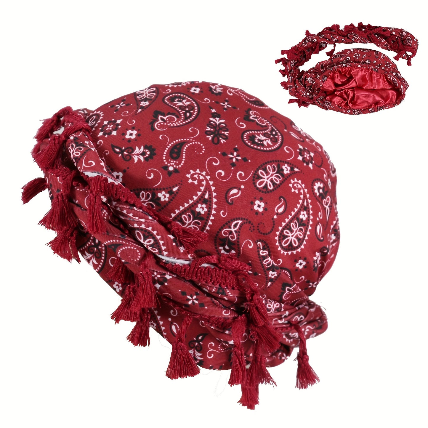 Satin-Lined Bandana Cap with Fringe Tassels