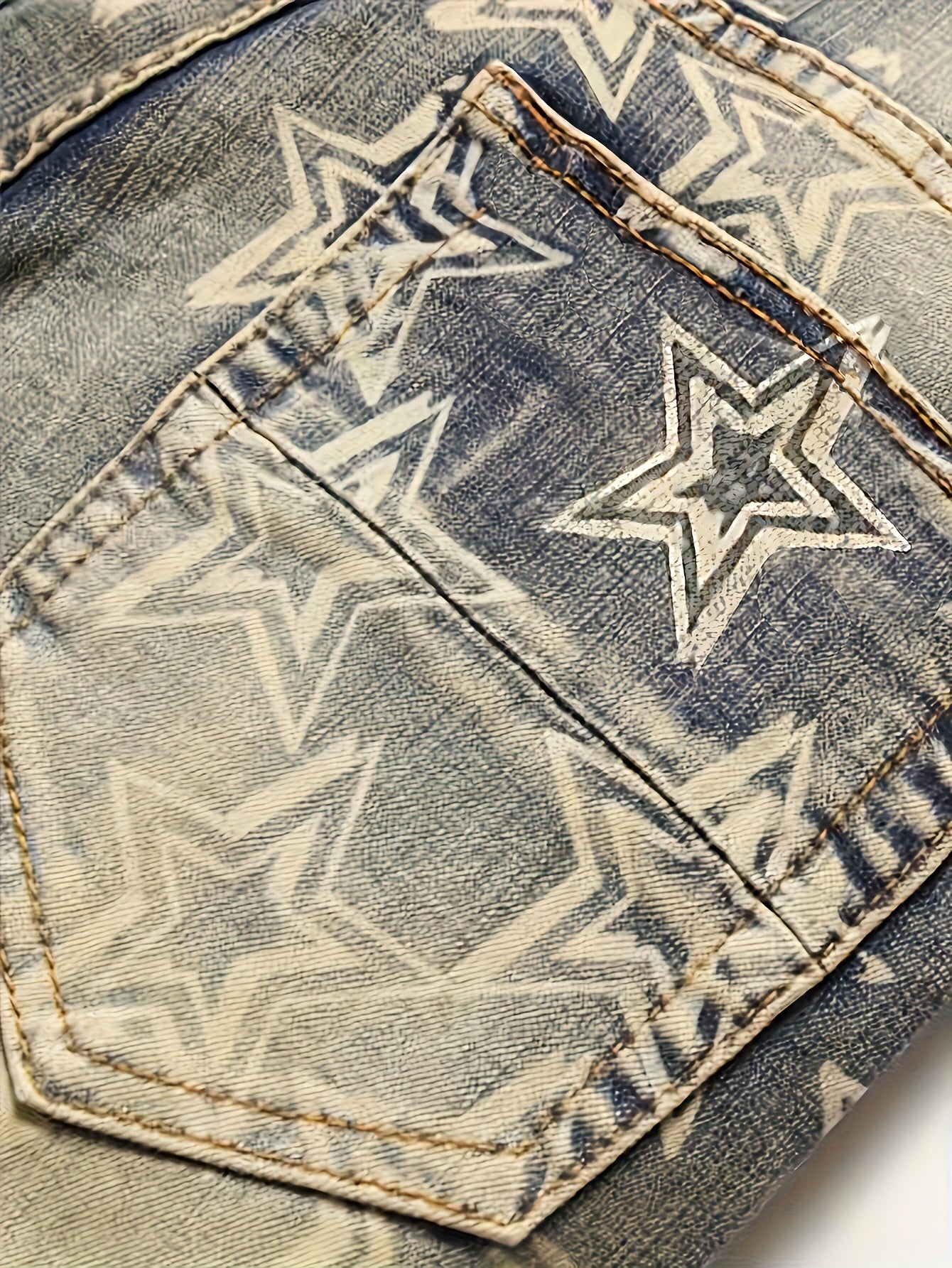 Men's Retro Star Print Stretch Slim-Fit Jeans - Vintage Ripped Denim with Distressed Details, Comfortable Straight Leg Casual Pants for Casual Attire