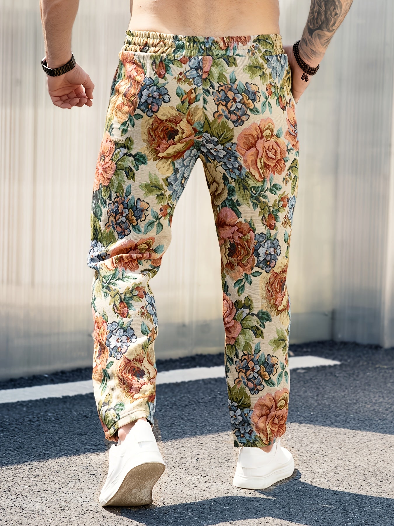 Men's Retro Floral Jacquard Straight-Leg Pants – Vibrant Multicolor Flower Texture, Loose Fit Casual Trousers with Drawstring Waist, Polyester Fabric for All Seasons