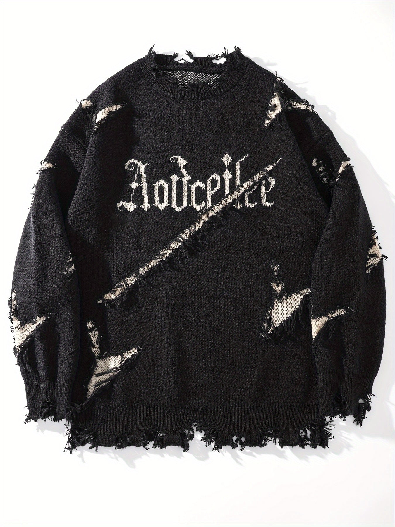 Men's Casual Streetwear Sweater - Relaxed Fit Drop Shoulder, Distressed Letter Embroidery & Ripped Details, Long Sleeve Pullover for Autumn Winter, Medium Elasticity Fabric
