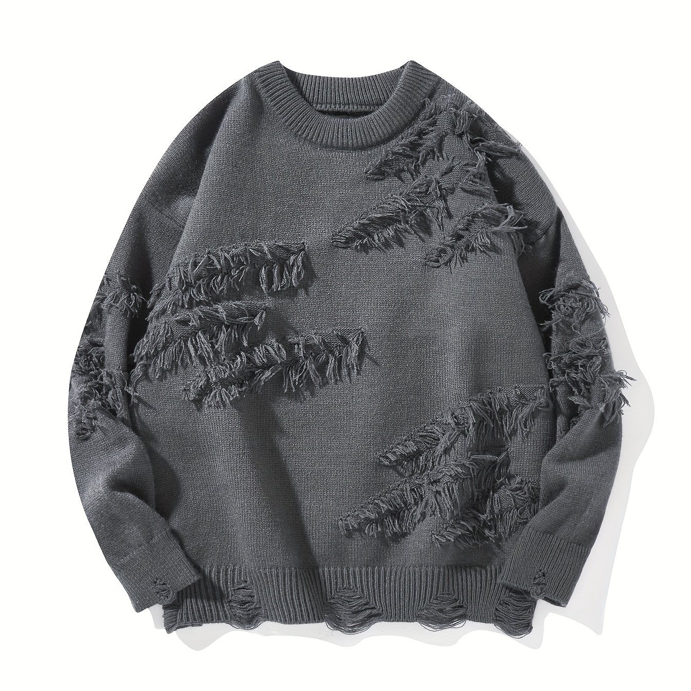 Temujin OBM Men's Distressed Knit Sweater - Casual Chic Pullover with Asymmetrical Frayed Hem, Drop Shoulder Sleeves & Round Neck, Machine Washable Solid Color Long Sleeve Shirt for Autumn/Winter, Versatile for Casual & Party