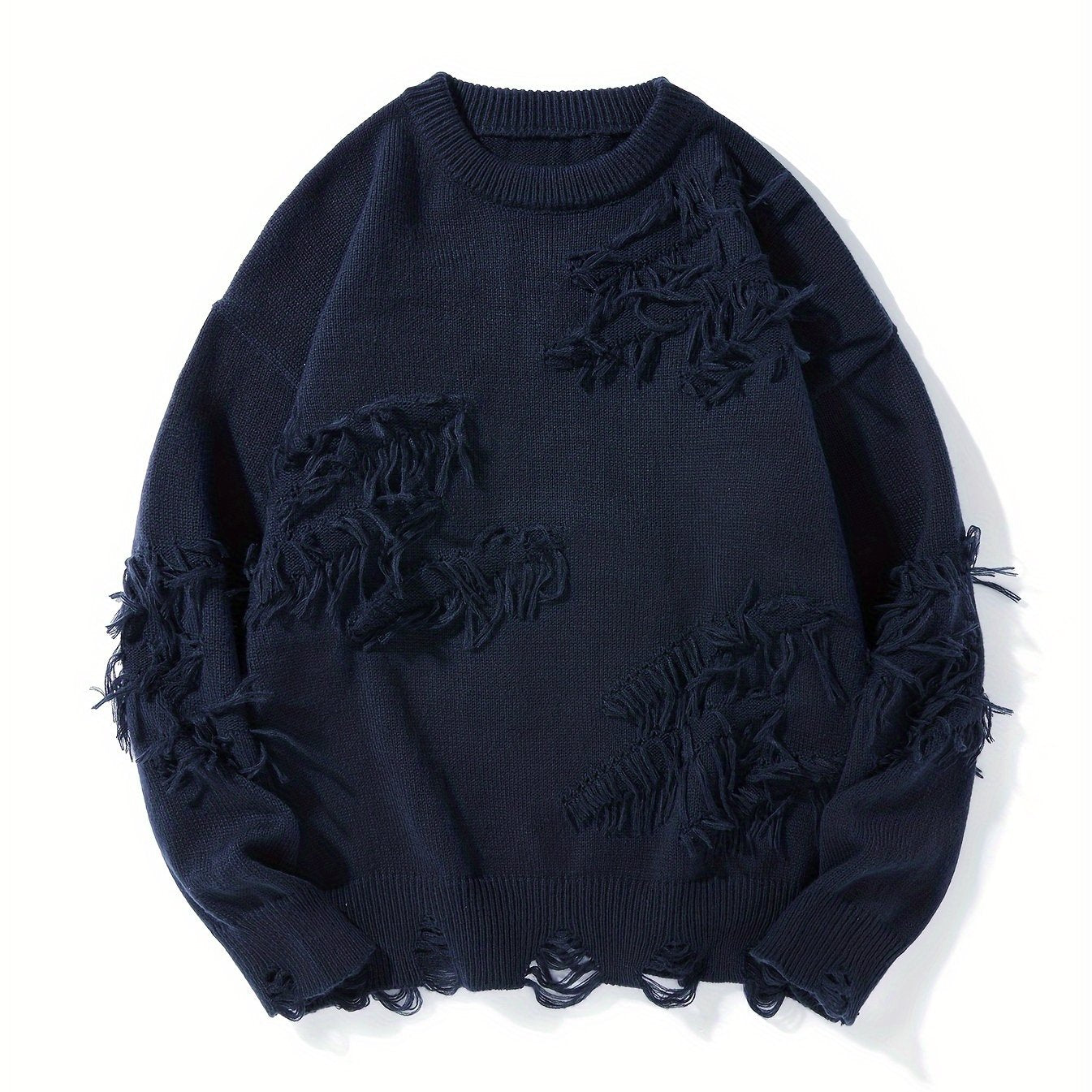 Temujin OBM Men's Distressed Knit Sweater - Casual Chic Pullover with Asymmetrical Frayed Hem, Drop Shoulder Sleeves & Round Neck, Machine Washable Solid Color Long Sleeve Shirt for Autumn/Winter, Versatile for Casual & Party