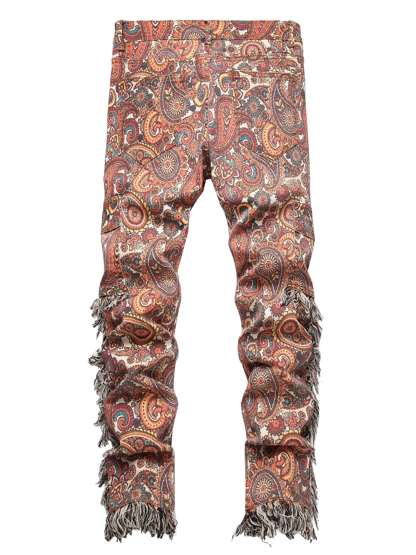 Men'S Retro Ethnic Style Hip-hop Jeans With Butterfly Print And Flowing Fringe Design, Outdoor Casual Work Pants With Random Pattern Position