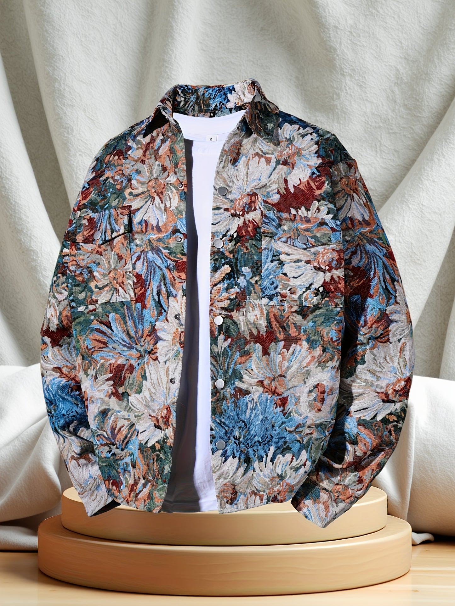Men'S Stylish Floral Print Button-Up Jacket - Double-Breasted, Two-Pocket Design, Casual Workwear with Lapel Collar, All-Season Versatile Outerwear, Casual Outerwear | Floral Print Jacket | Nonstretch Fabric