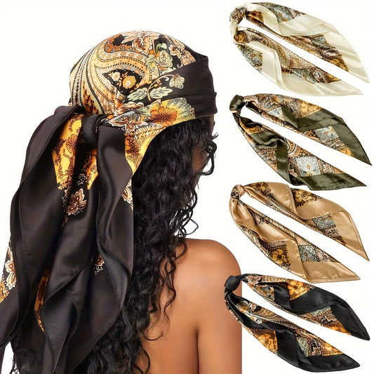 4pcs Women’s Elegant Polyester Scarves - 35.43 Inch Satin-Finish Floral Print Multifunctional Neck Scarf & Beach Headband, Retro Style Mixed Colors for Casual & Formal Outfits, Scarf for Hair, Formal Accessory, Vintage Desi