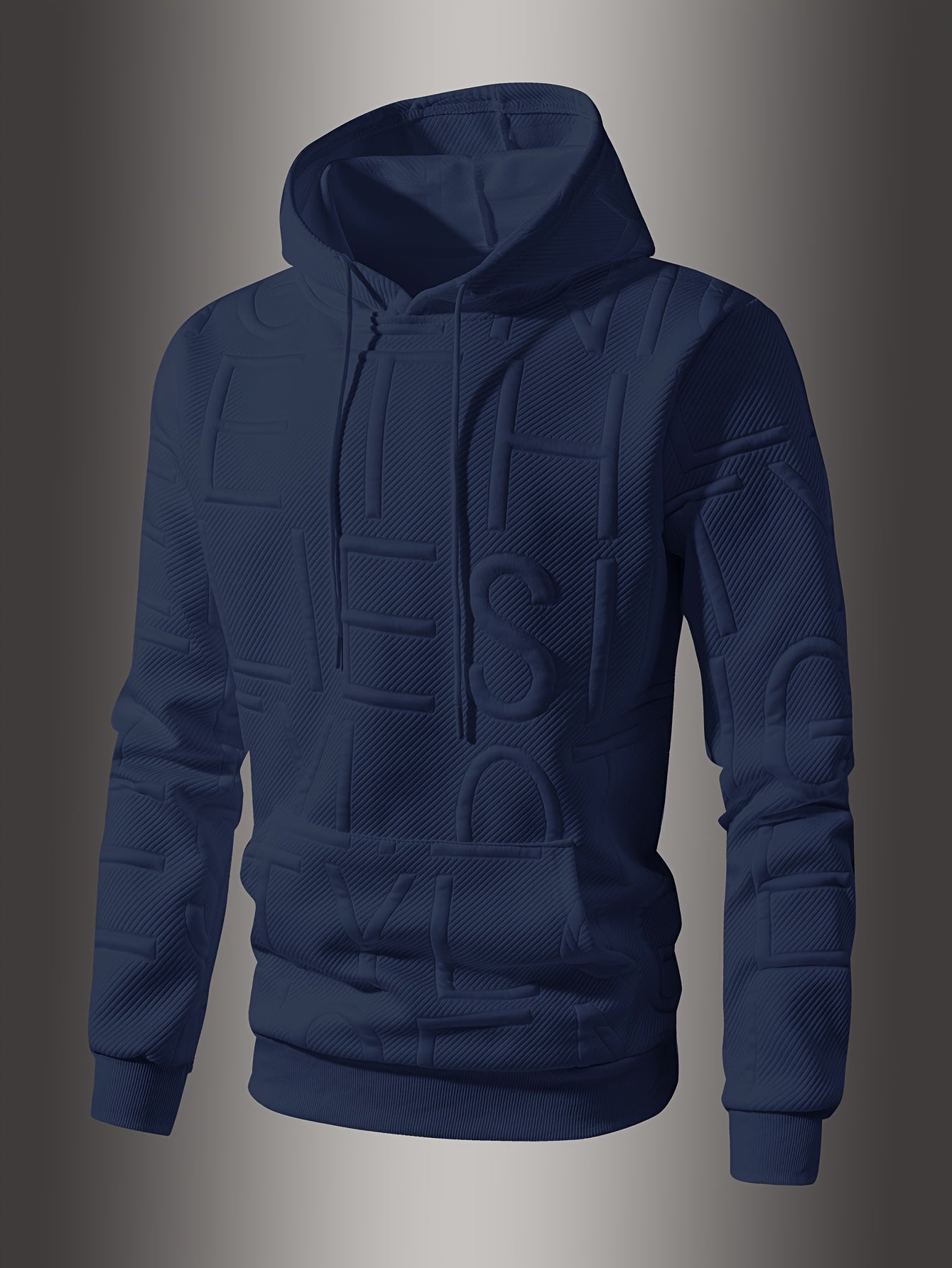 [Soft Casual Hooded Sweatshirt] Soft Polyester Blend Men's Casual Hooded Sweatshirt - Long Sleeve, Drawstring Hood with Kangaroo Pocket, Textured Letter Design, Ideal for Spring/Fall, Oversized