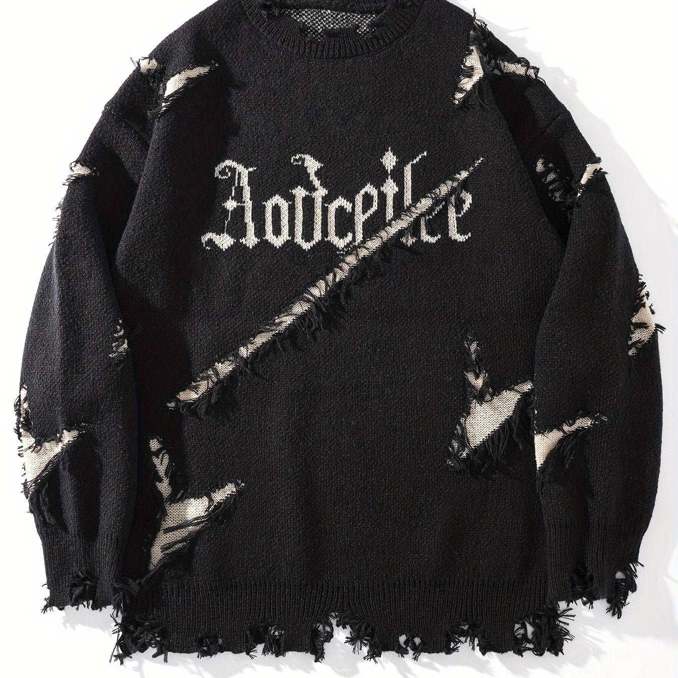 Men's Casual Streetwear Sweater - Relaxed Fit Drop Shoulder, Distressed Letter Embroidery & Ripped Details, Long Sleeve Pullover for Autumn Winter, Medium Elasticity Fabric