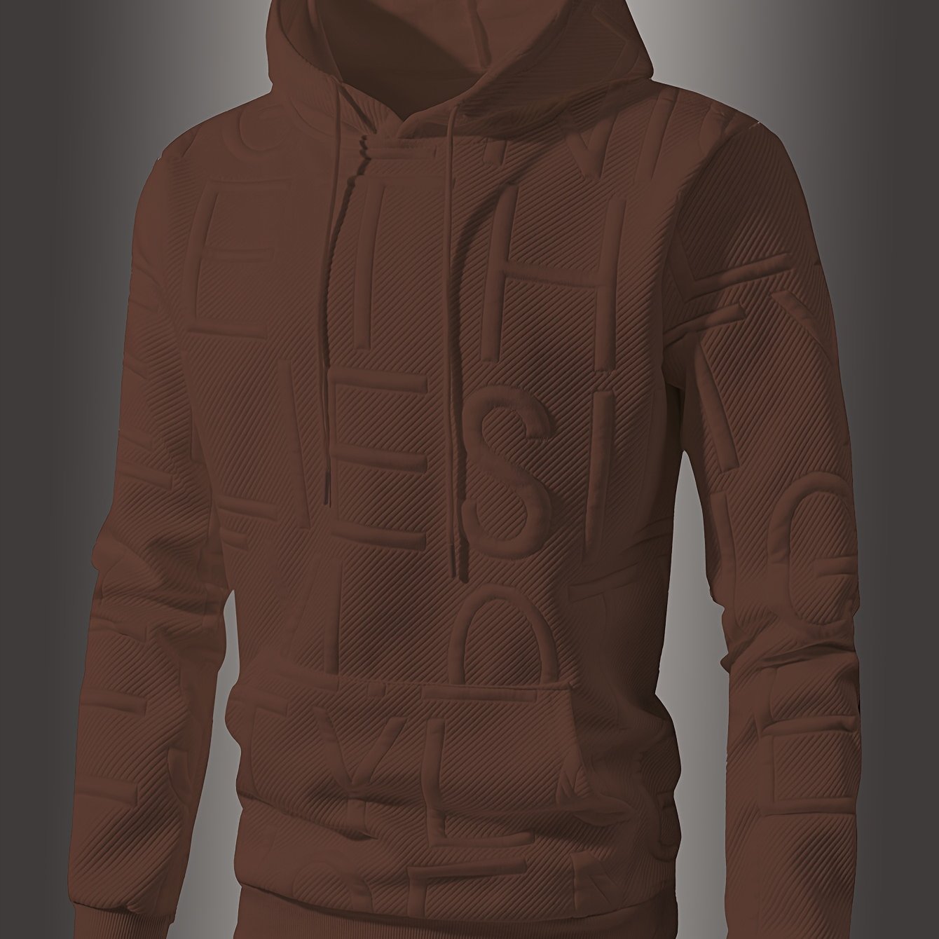 [Soft Casual Hooded Sweatshirt] Soft Polyester Blend Men's Casual Hooded Sweatshirt - Long Sleeve, Drawstring Hood with Kangaroo Pocket, Textured Letter Design, Ideal for Spring/Fall, Oversized