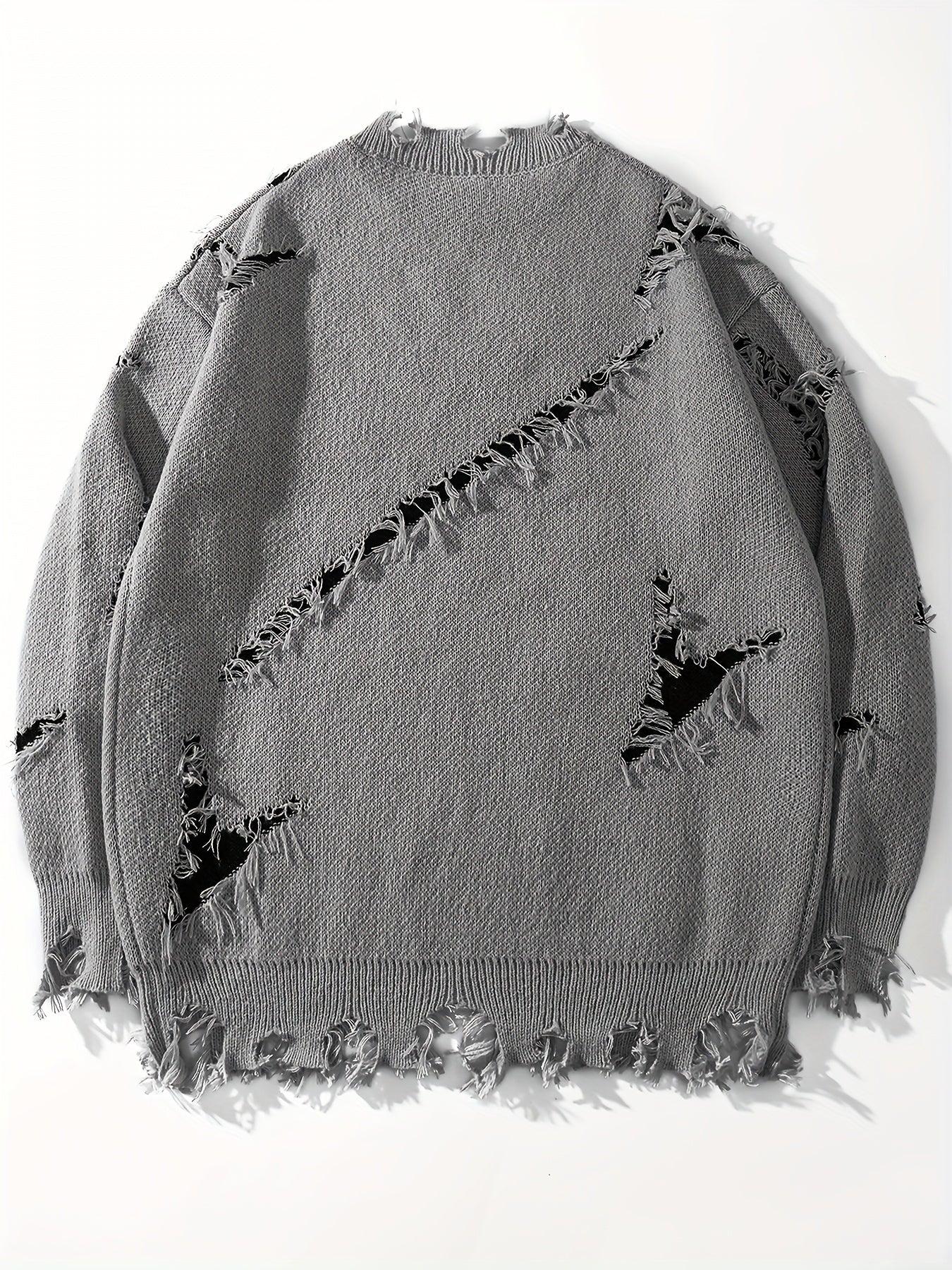 Men's Casual Streetwear Sweater - Relaxed Fit Drop Shoulder, Distressed Letter Embroidery & Ripped Details, Long Sleeve Pullover for Autumn Winter, Medium Elasticity Fabric