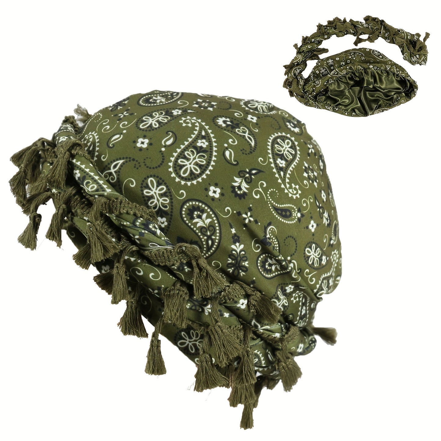 Satin-Lined Bandana Cap with Fringe Tassels
