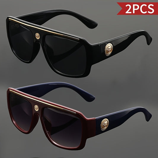Two-piece Set of Retro Men's Square Large Frame Metal Head Decoration Glasses, Lightweight Frame, Unisex, Suitable for and Casual Wear, Ideal as a Holiday Gift