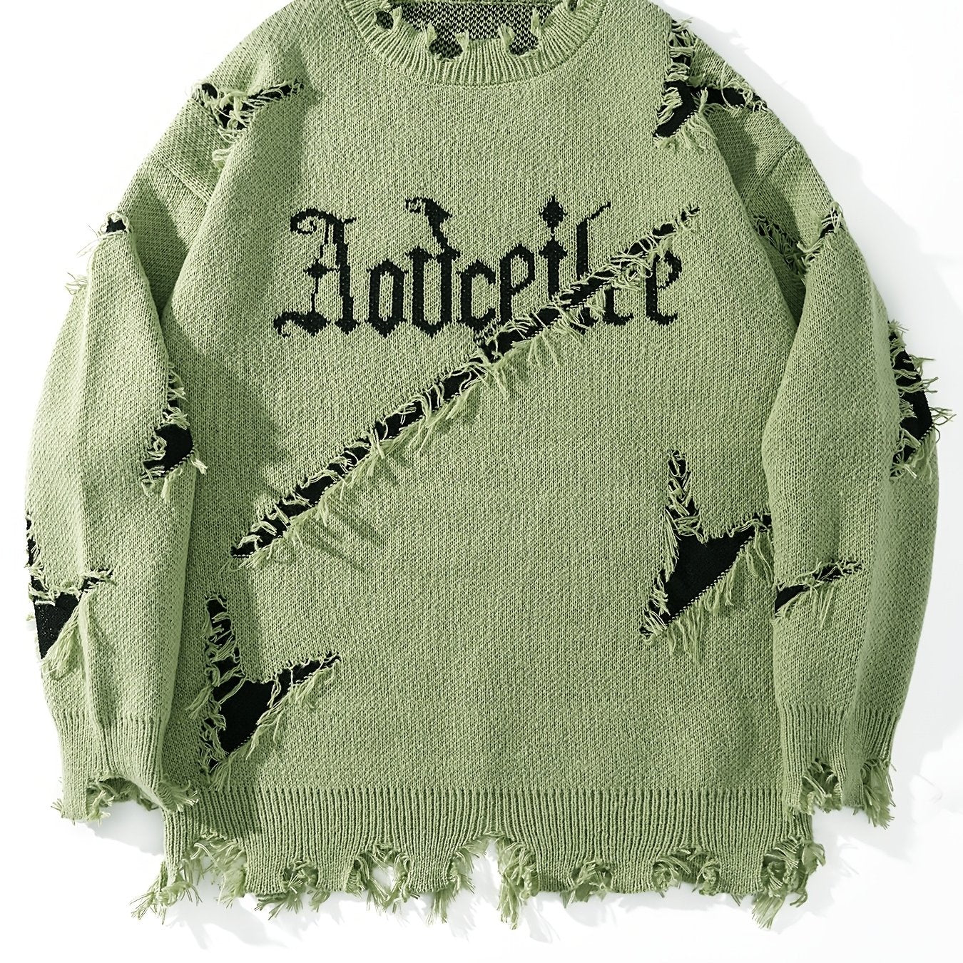 Men's Casual Streetwear Sweater - Relaxed Fit Drop Shoulder, Distressed Letter Embroidery & Ripped Details, Long Sleeve Pullover for Autumn Winter, Medium Elasticity Fabric