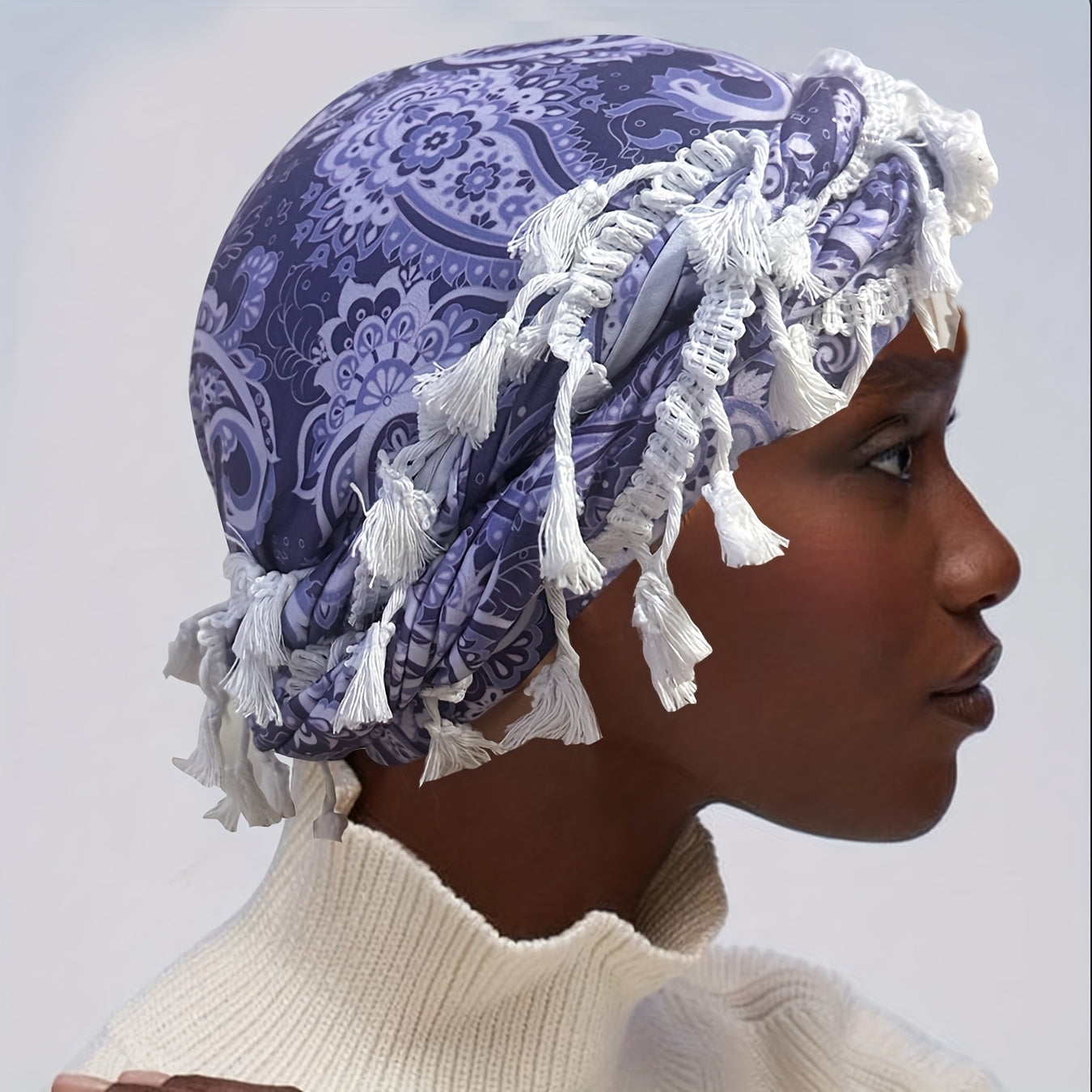 Satin-Lined Bandana Cap with Fringe Tassels