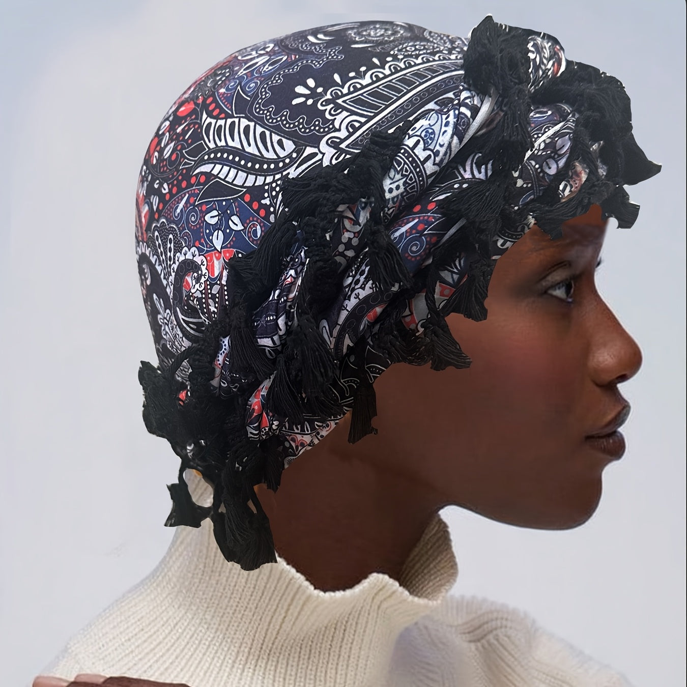 Satin-Lined Bandana Cap with Fringe Tassels